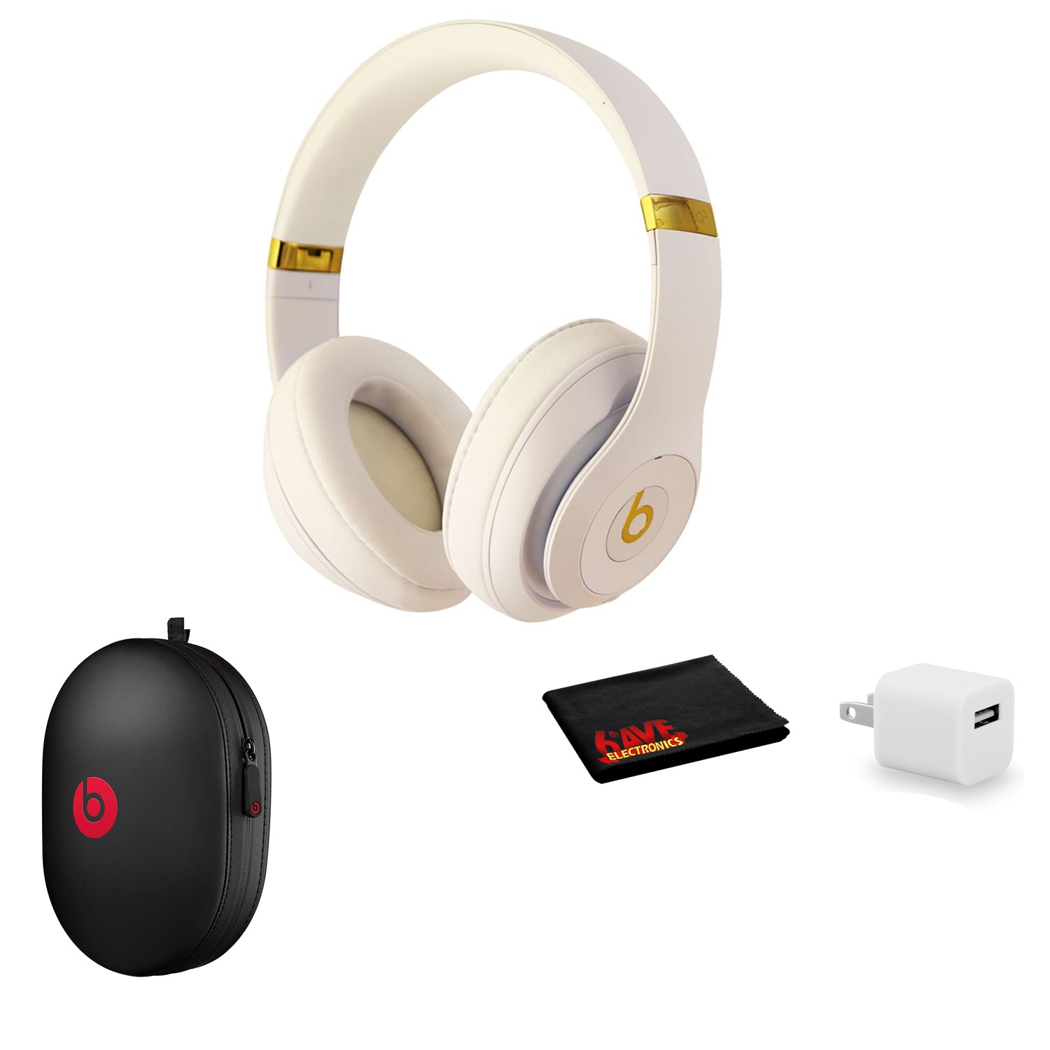 Beats Studio3 Wireless Series Over-Ear Headphones - Matte White/Gold (MQ572LL/A) Kit with USB adapter