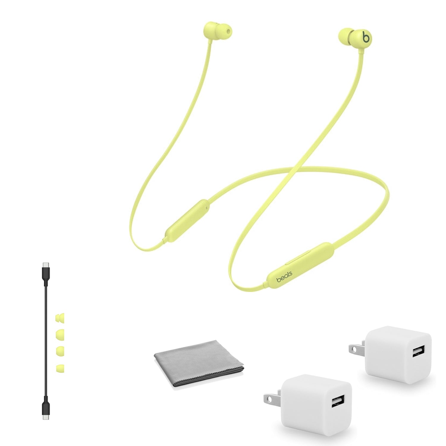 Beats by Dr. Dre Beats Flex Wireless In-Ear Headphones (Yuzu Yellow) MYMD2LL/A with 2x Universal USB Wall Adapter Cubes Bundle