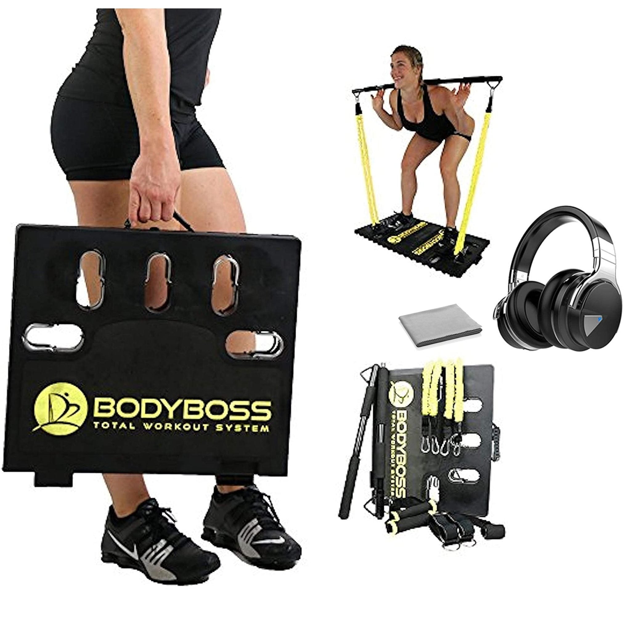 BodyBoss 2.0 Portable Home Gym System -Resistance Bar, Handles- Bundle with COWIN E7 Bluetooth Headphones