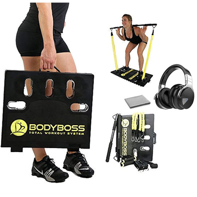BodyBoss 2.0 Portable Home Gym System -Resistance Bar, Handles- Bundle with COWIN E7 Bluetooth Headphones