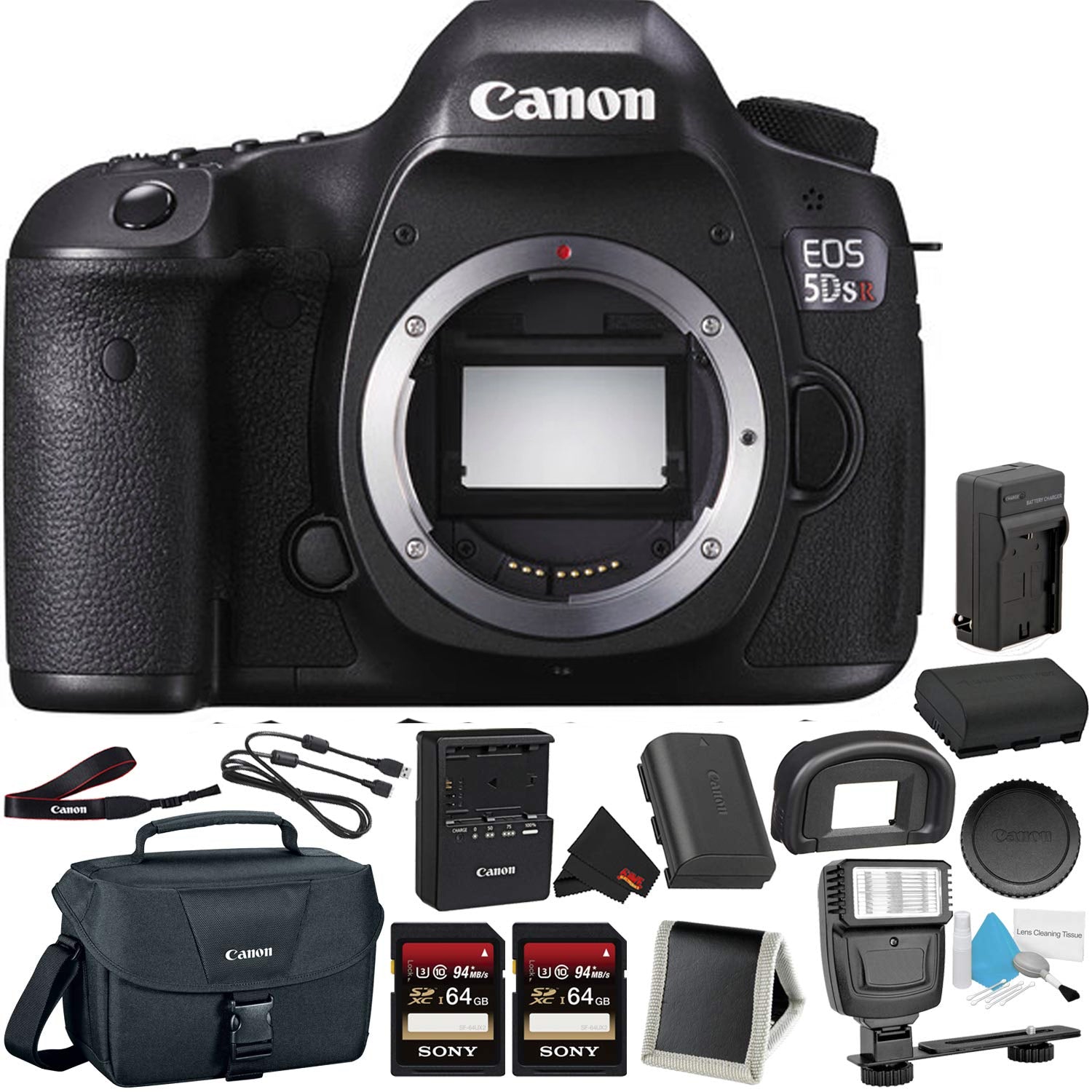 Canon EOS 5DS R Digital SLR Camera (Body Only)- Bundle with 2X 64GB Memory Cards + Spare Battery + Digital Slave Flash +