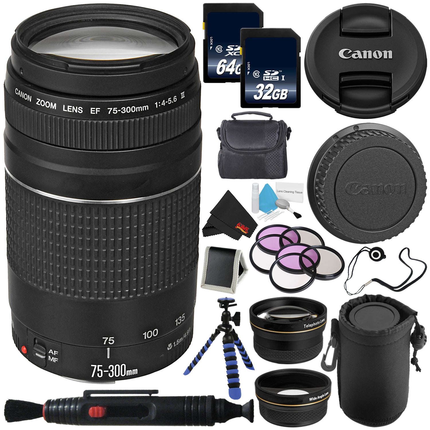 Canon EF 75-300mm f/4-5.6 III Telephoto Zoom Lens 6473A003 + Lens Pen Cleaner + Deluxe Lens Pouch + 58mm 3 Piece Filter Kit + Deluxe Cleaning Kit +