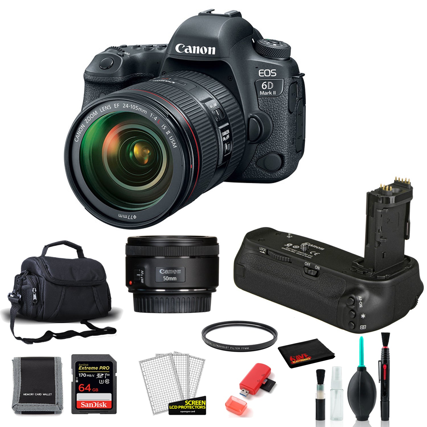 Canon 6D Mark II Camera with 24-105mm Lens Kit with EF 50mm STM Lens + More