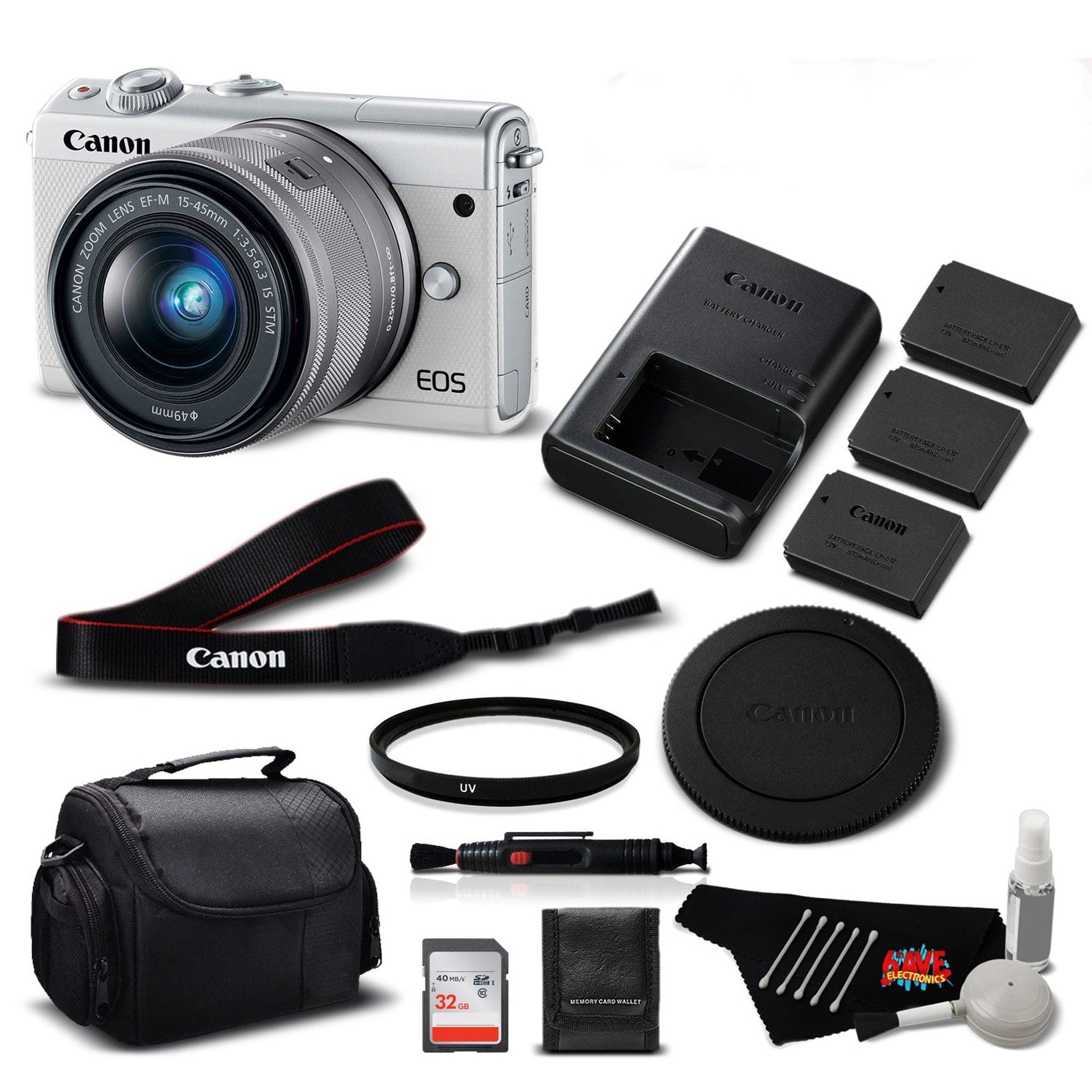 Canon EOS M100 Mirrorless Digital Camera with 15-45mm Lens White 2210C011 International Version - Professional Bundle
