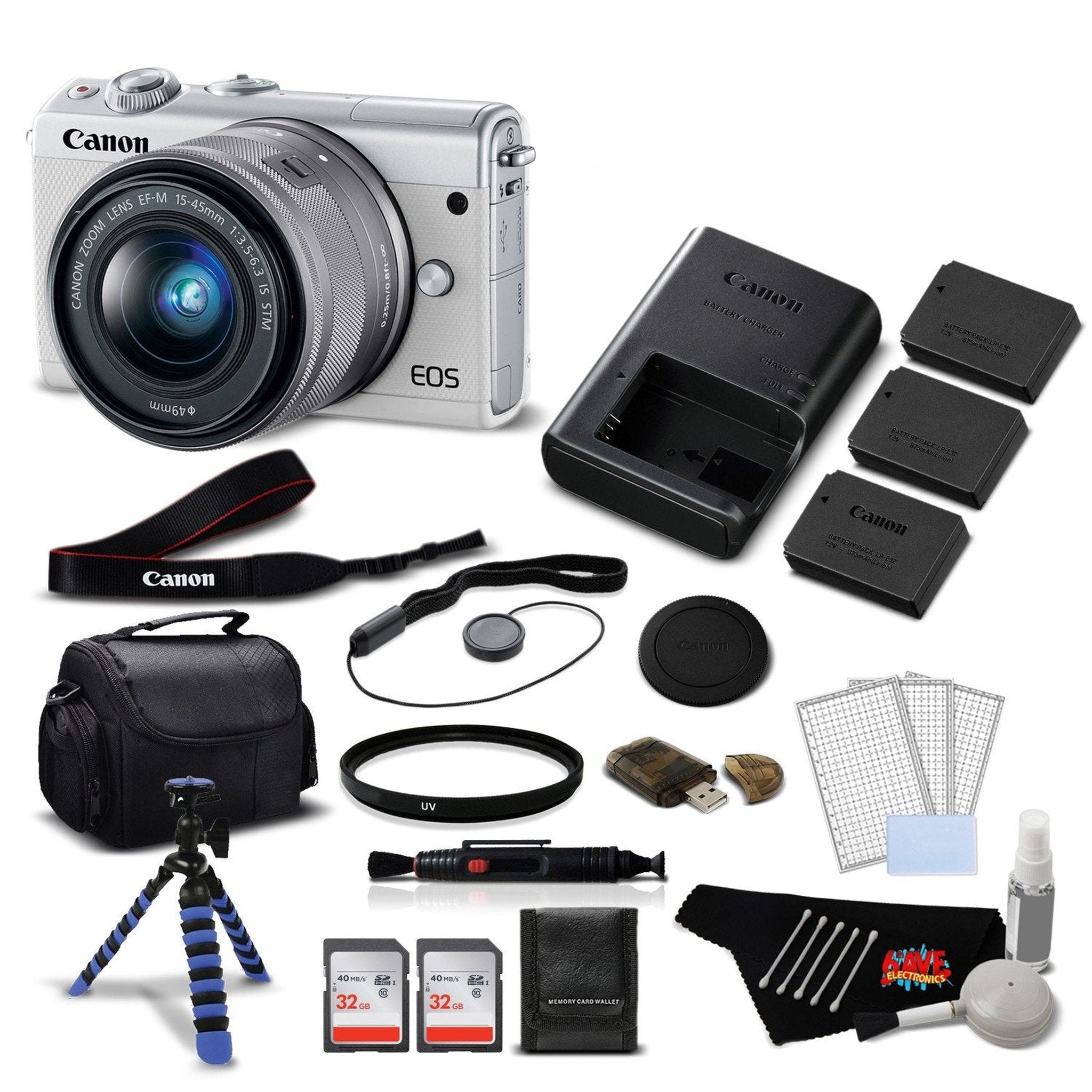 Canon EOS M100 Mirrorless Digital Camera with 15-45mm Lens White 2210C011 International Version - Deluxe Bundle - Used