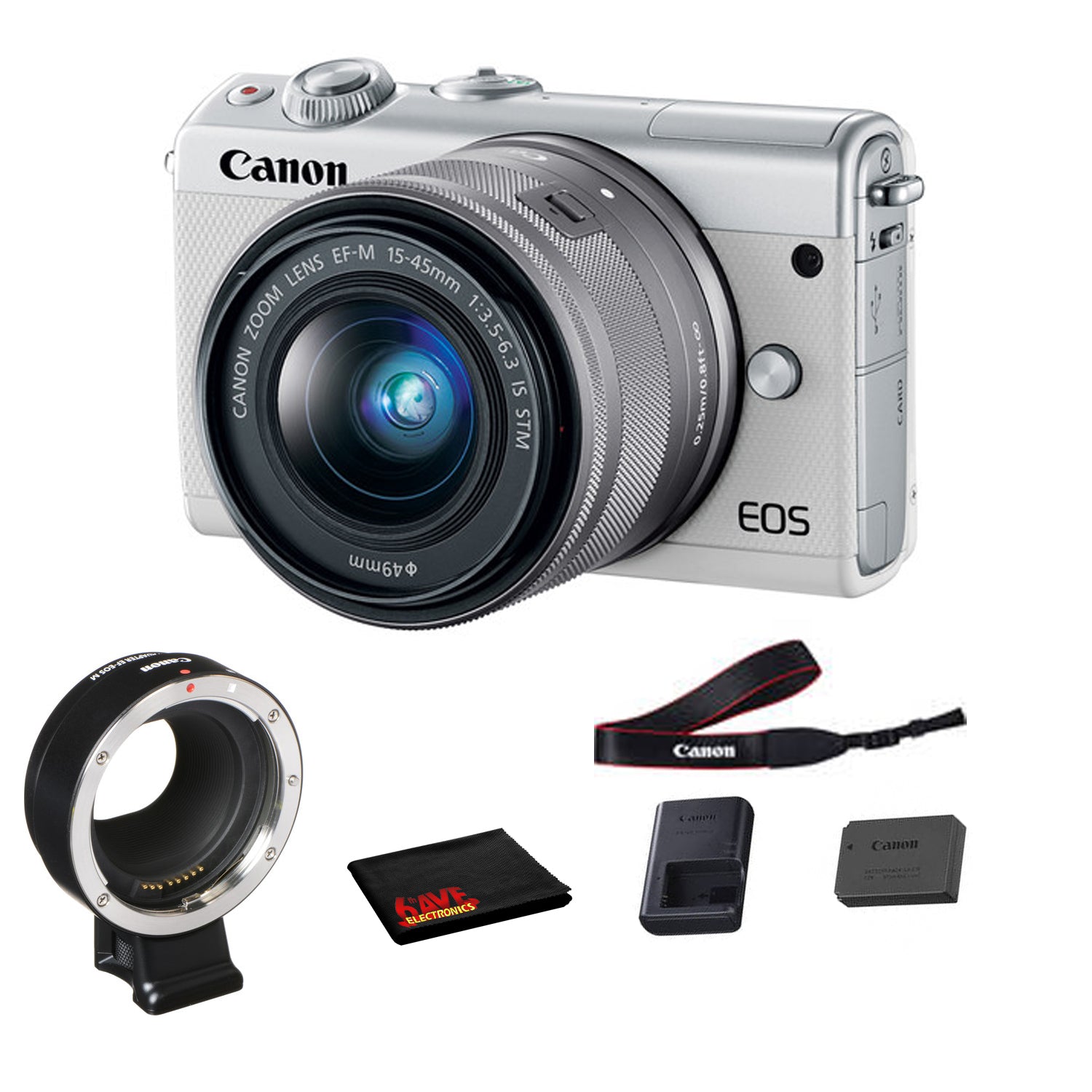 Canon EOS M100 Mirrorless Digital Camera with 15-45mm Lens White 2210C011 Bundled with Lens Adapter Kit for Canon EF / EF-S Lenses