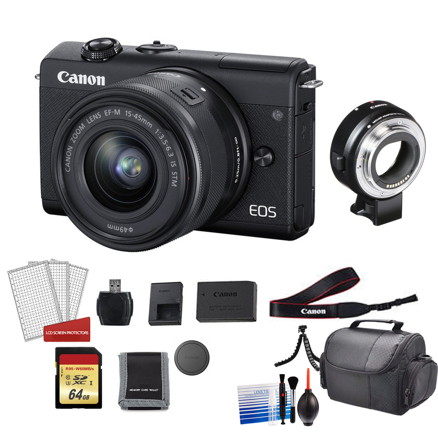 Canon EOS M200 with 15-45mm Lens Kit with Lens Adapter - International Model Base Bundle