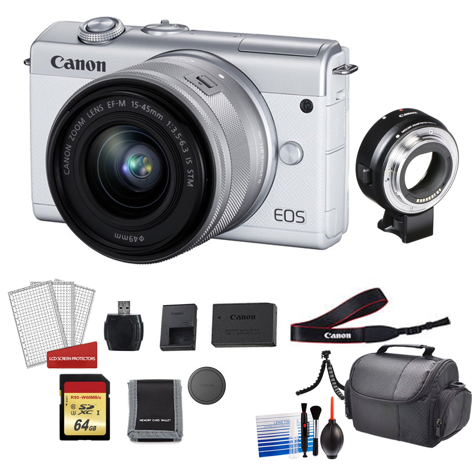Canon EOS M200 Mirrorless Digital Camera with 15-45mm Lens (White) Kit with Lens Adapter + 64GB Memory Card Bundle