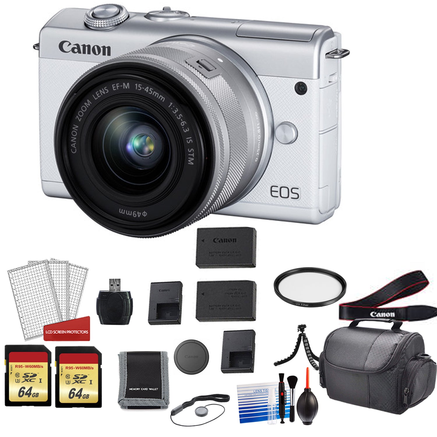 Canon EOS M200 Mirrorless Digital Camera with 15-45mm Lens (White) Kit with Spare Battery + 128GB Memory Card Bundle