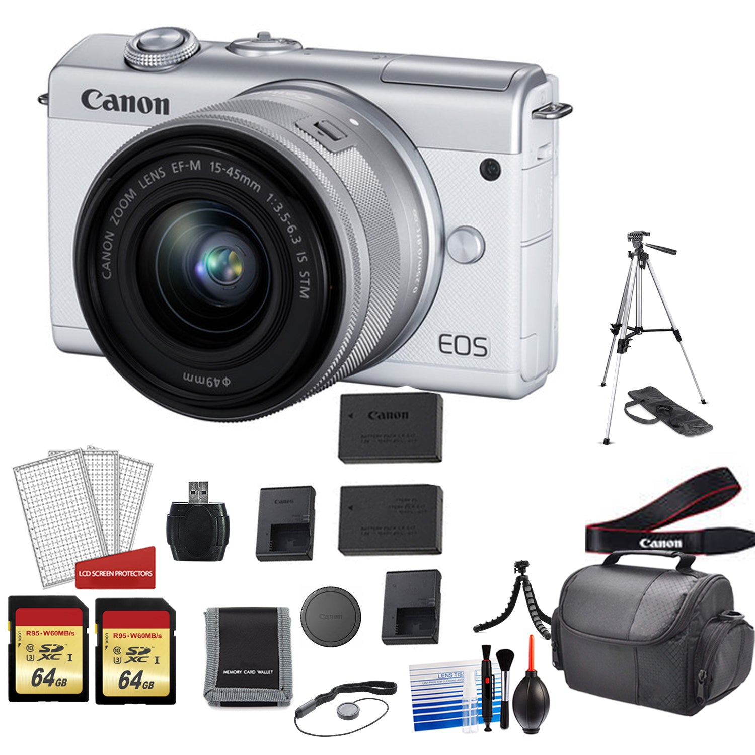 Canon EOS M200 Mirrorless Digital Camera with 15-45mm Lens (White) Kit with Spare Battery + 2x 64GB Memory Cards + Tripod Bundle