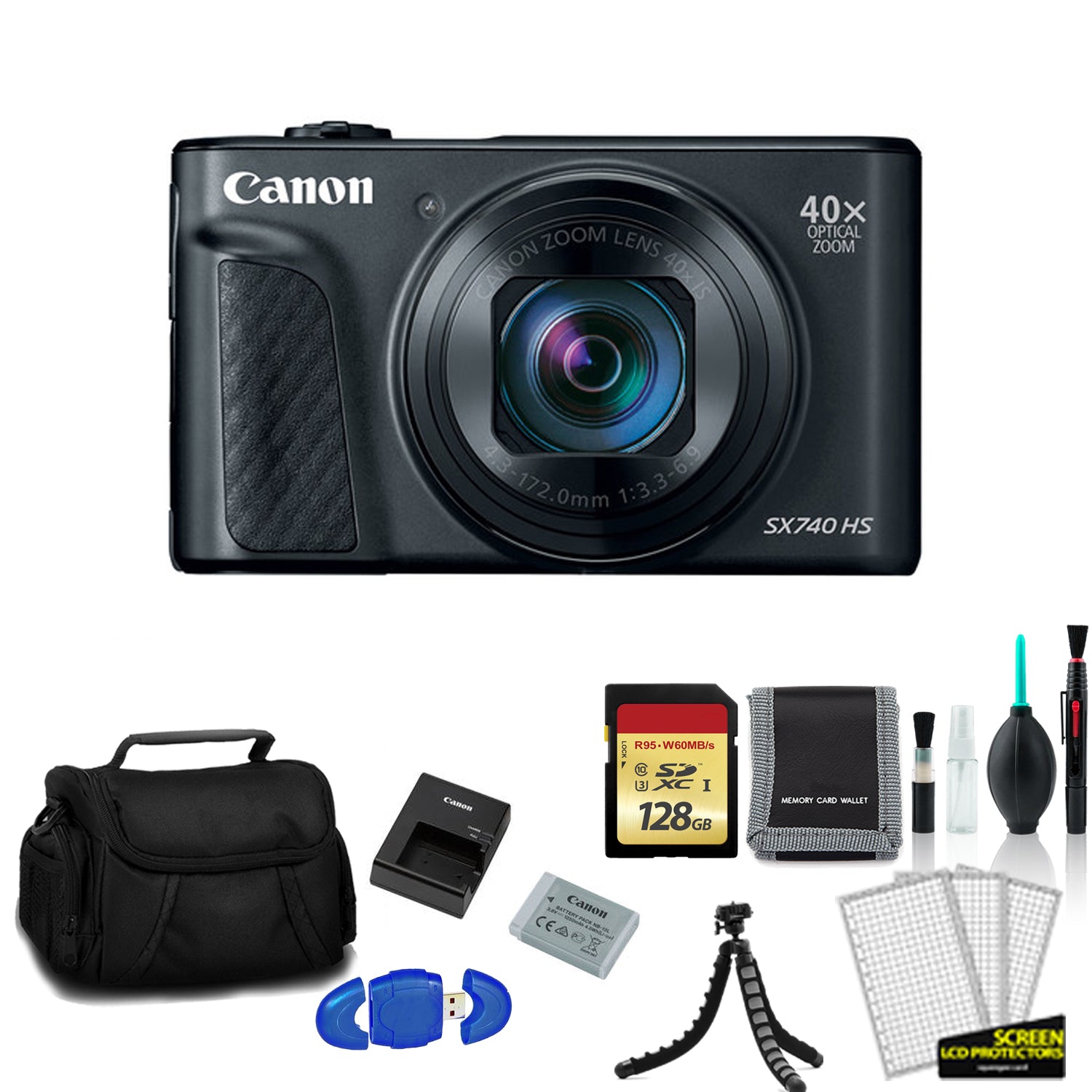 Canon PowerShot SX740 HS Digital Camera (Black) with 128GB Memory Card + More - International Model