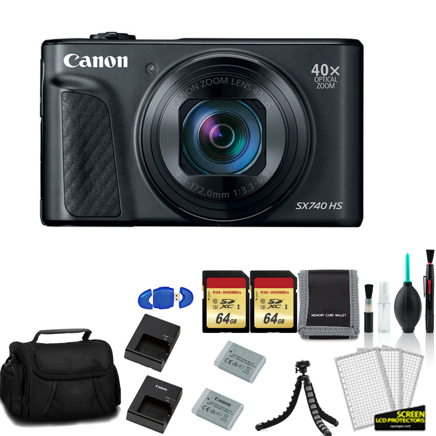 Canon PowerShot SX740 HS Digital Camera (Black) with 2x 64GB Memory Card + Extra Battery and Charger + More - International Model