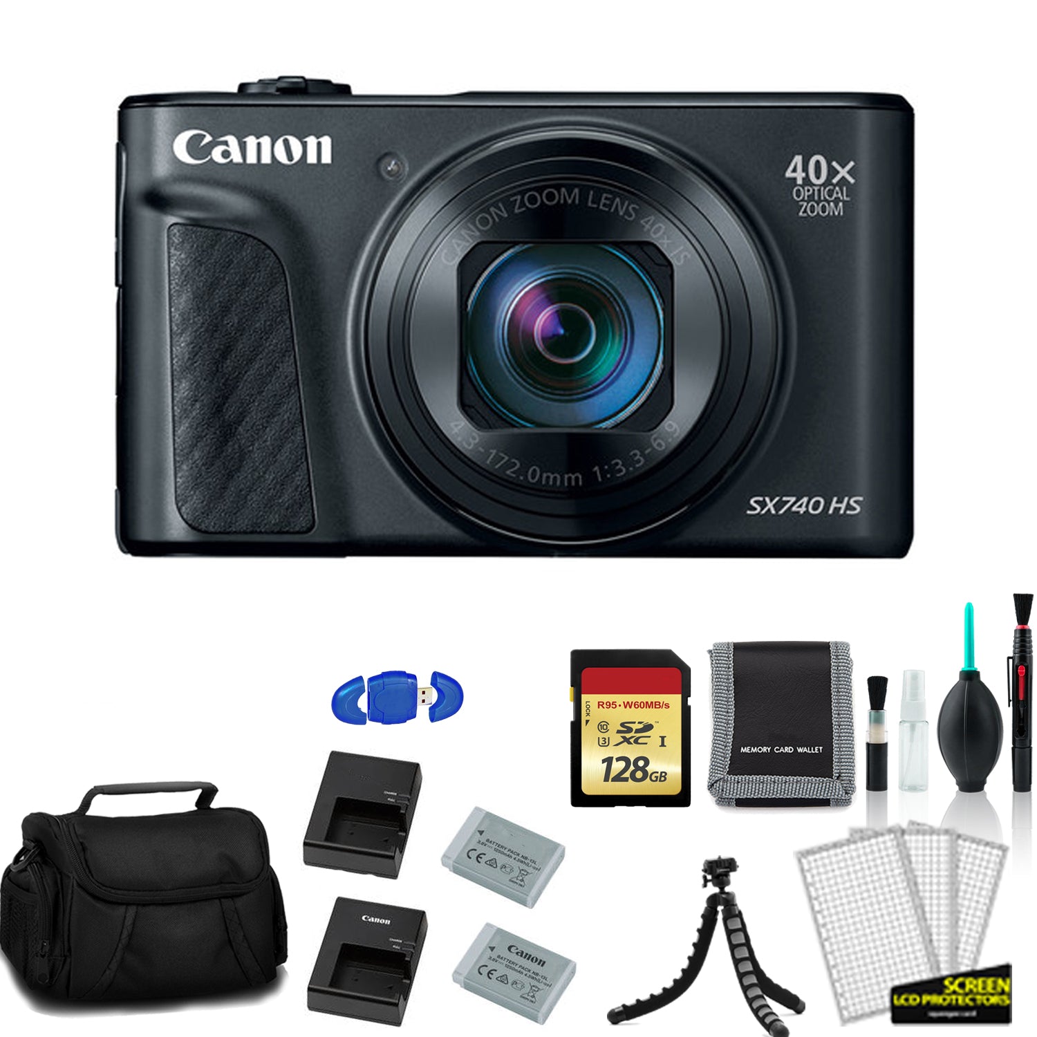 Canon PowerShot SX740 HS Digital Camera (Black) with 128GB Memory Card + Extra Battery and Charger + More - International Model