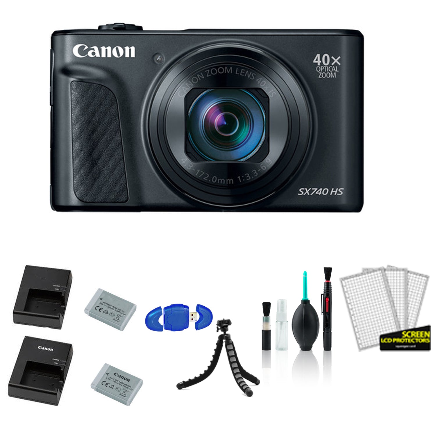 Canon PowerShot SX740 HS Digital Camera (Black) with Extra Battery and Charger + More - International Model