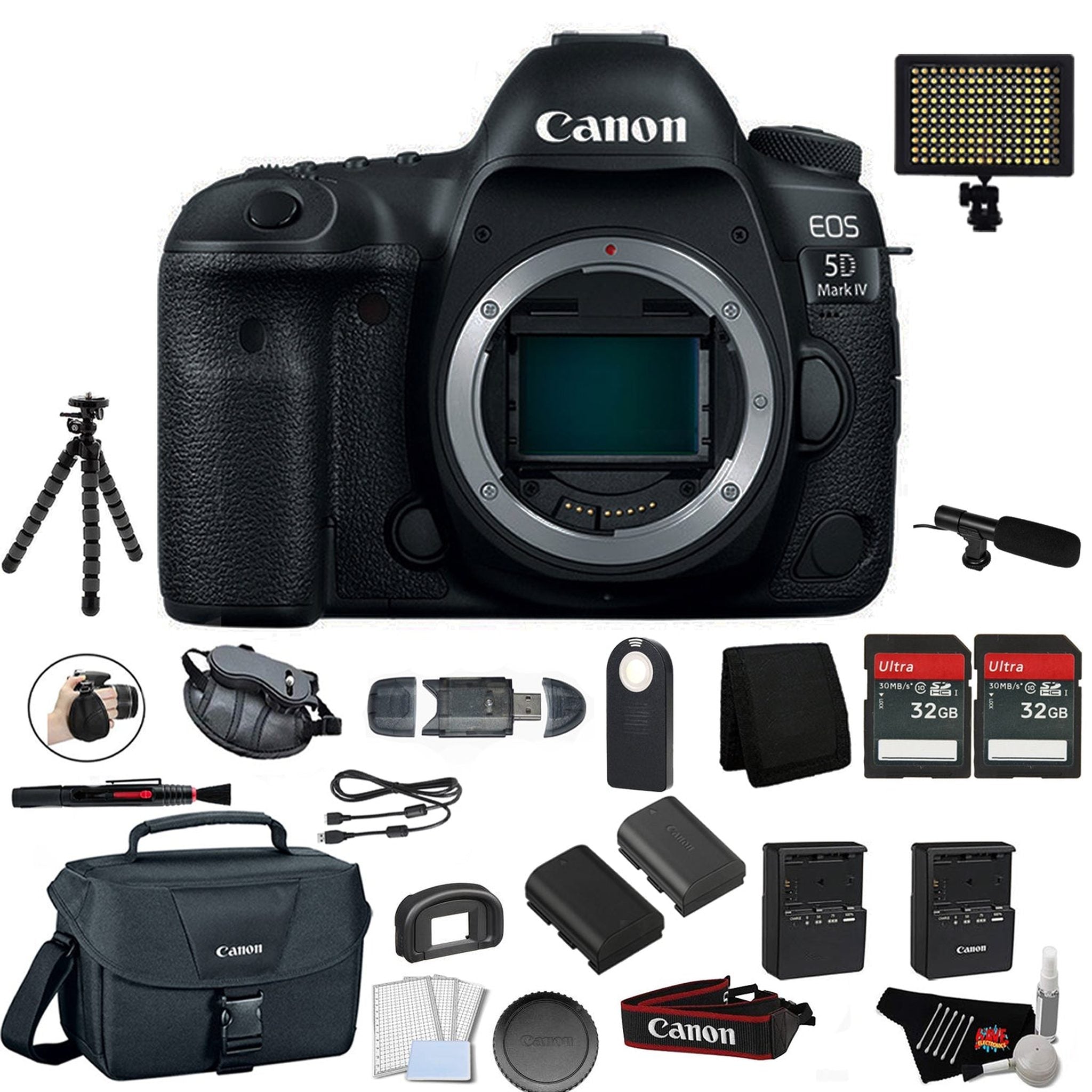 Canon EOS 5D Mark IV Full Frame Digital SLR Camera Body - Bundle with Microphone + Screen Protectors + LED Light + 2X 32 - Used Canon