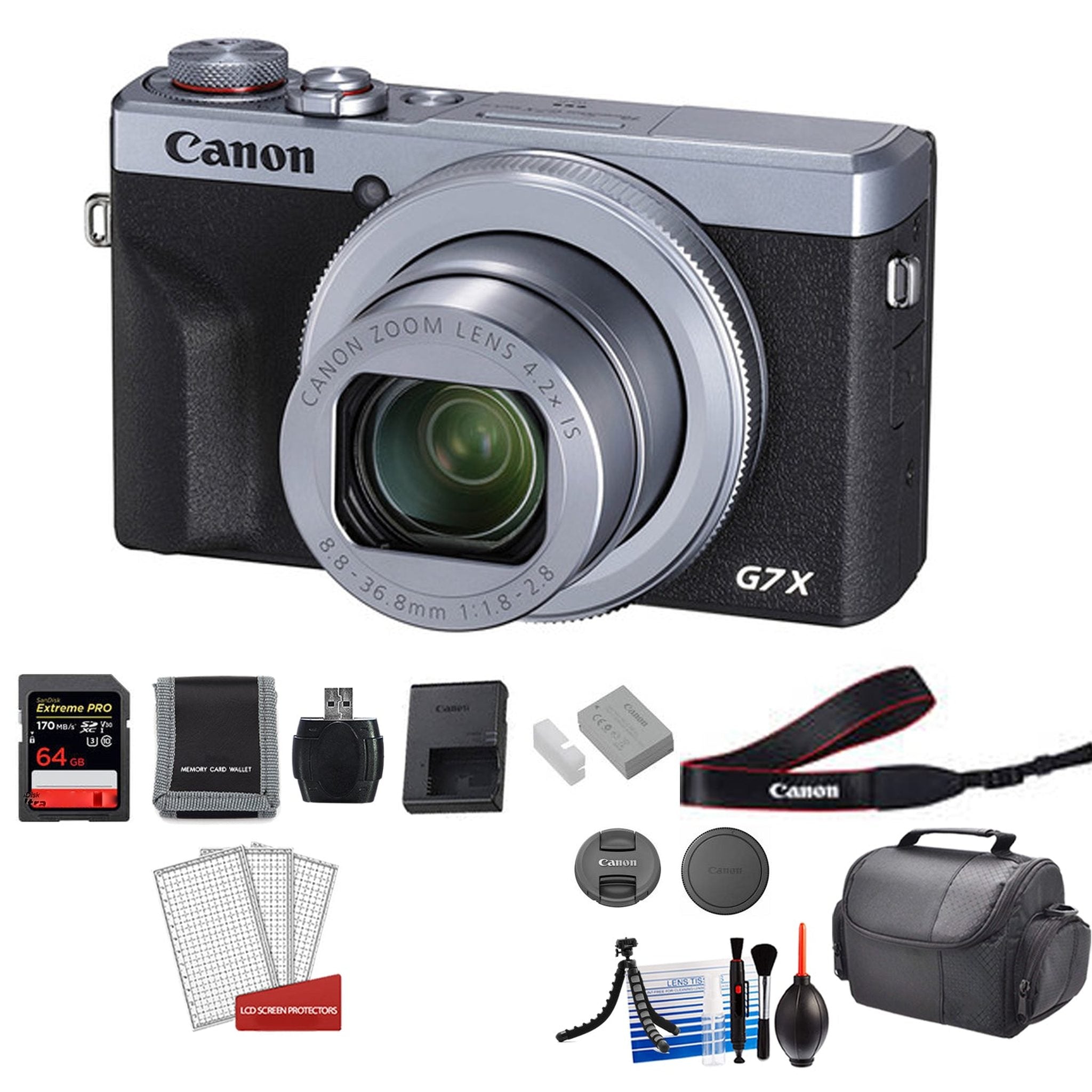 Canon PowerShot G7X Mark III Camera Silver with 64GB Memory Card + More