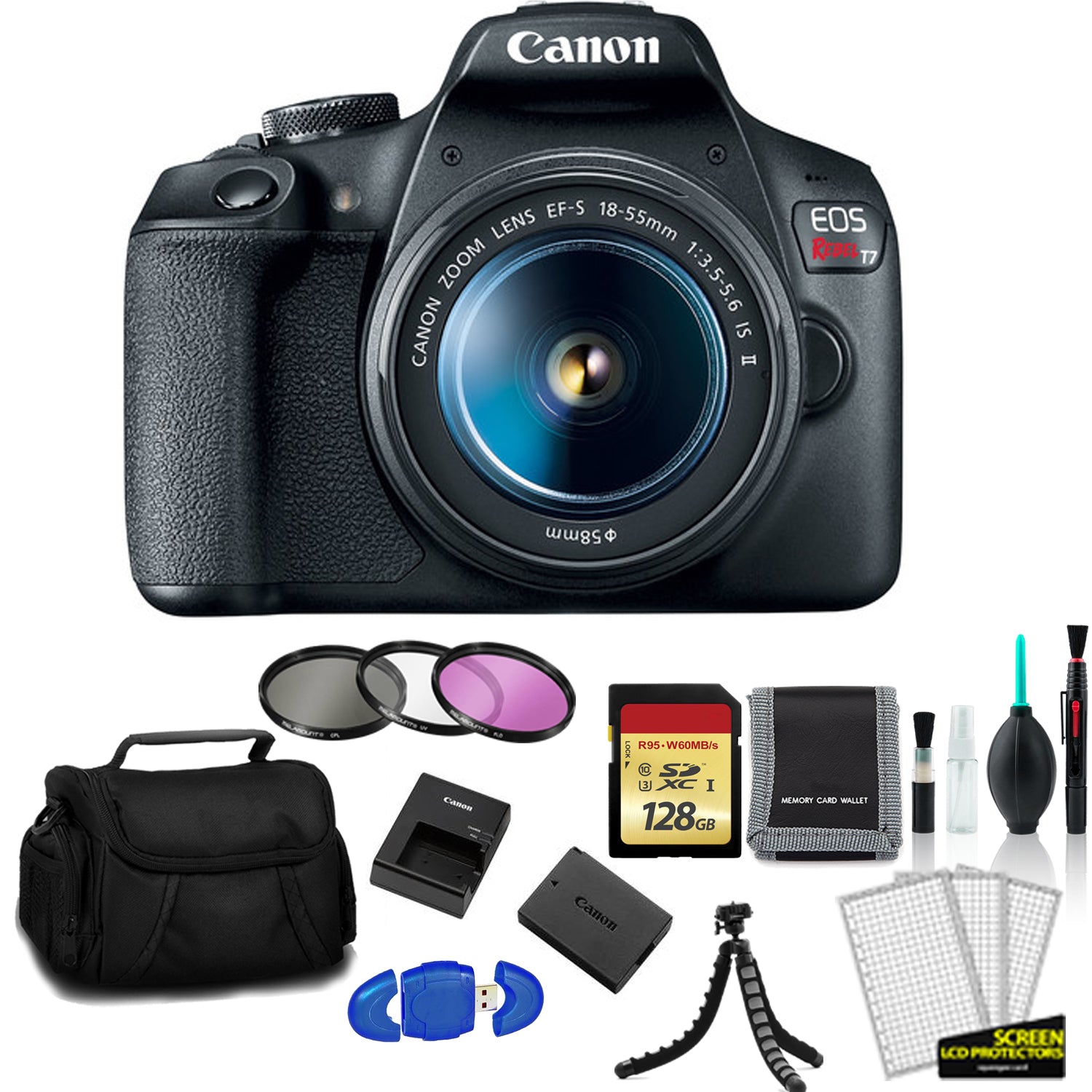 Canon EOS Rebel T7 EF-S 18-55mm IS II Kit with 128GB Memory Card + Filter Kit+ More - International Model