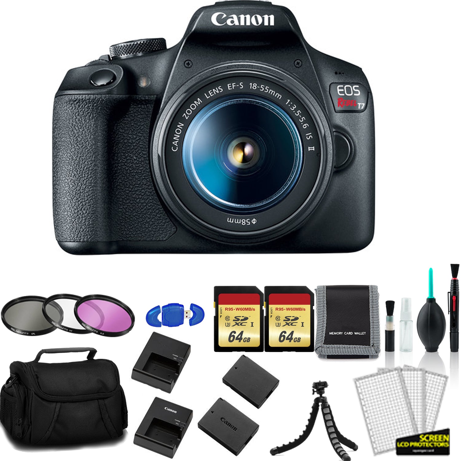 Canon EOS Rebel T7 EF-S 18-55mm IS II Kit with 2x 64GB Memory Card + Extra Battery and Charger + More - International Model