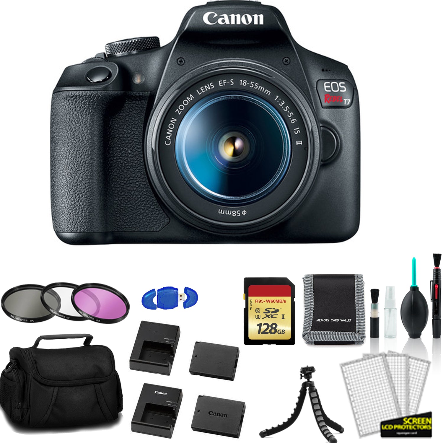 Canon EOS Rebel T7 EF-S 18-55mm IS II Kit with 128GB Memory Card + Extra Battery and Charger + More - International Model