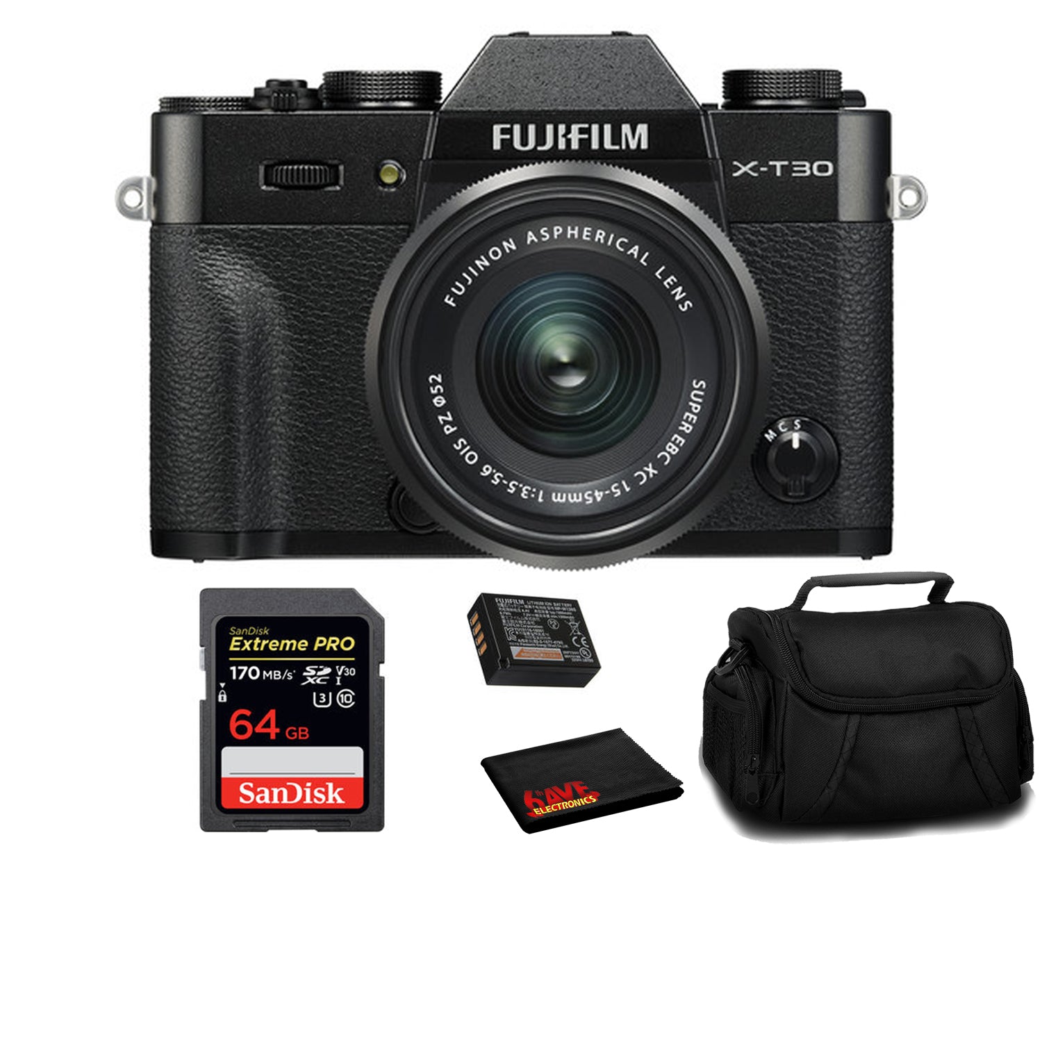 FUJIFILM X-T30 Mirrorless Camera with 15-45mm Lens Black 16619205 With 64 GB Card