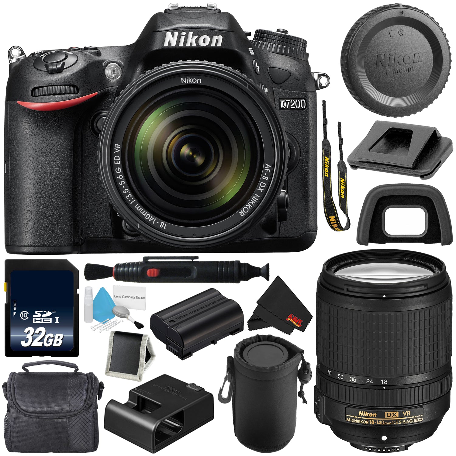 Nikon D7200 DSLR Camera with 18-140mm Lens 1555 (International Model) + 32GB SDHC Class 10 Memory Card + Deluxe Cleaning Kit + Memory Card Wallet + MicroFiber Cloth + Lens Pen Cleaner Bundle