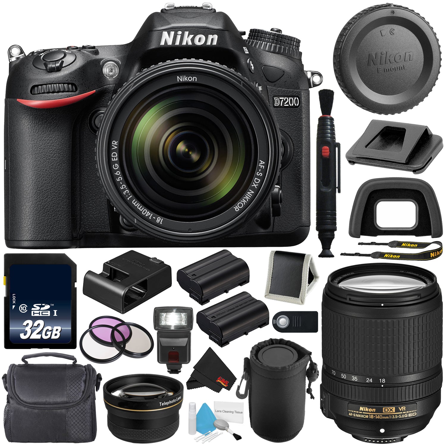 Nikon D7200 DSLR Camera with 18-140mm Lens 1555 (International Model) + EN-EL15 Replacement Li-on Battery + 32GB SDHC Class 10 Memory Card + Wireless Remote + Deluxe Cleaning Kit Bundle