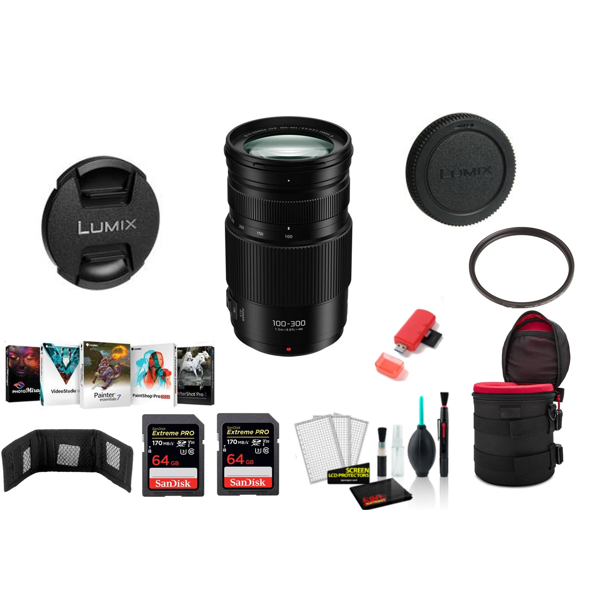 Panasonic Lumix 100-300mm f/4-5.6 II POWER O.I.S. Lens with 2x 64 Memory Cards International Model Panasonic