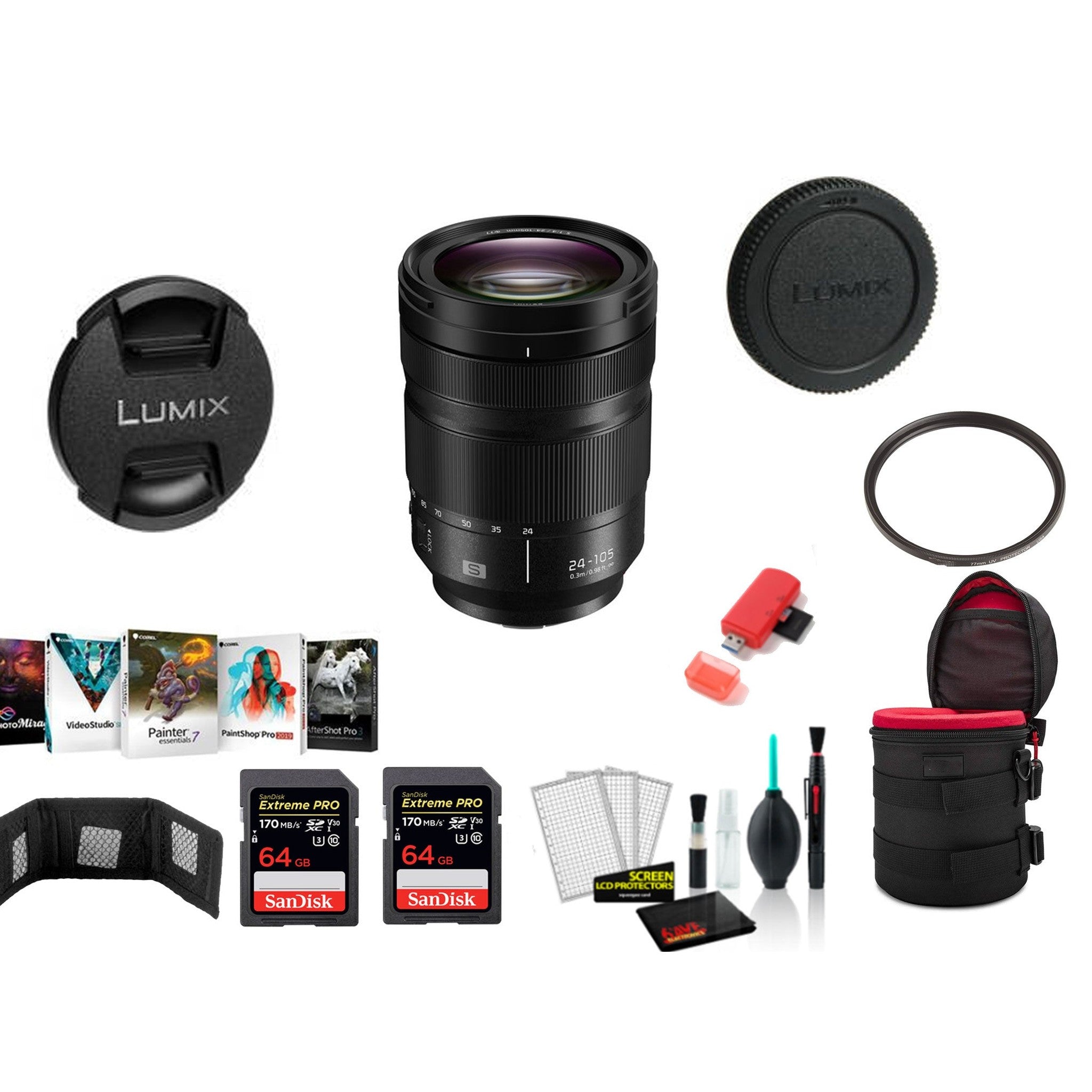 Panasonic Lumix S 24-105mm f/4 Macro O.I.S. Lens with 2x 64 Memory Cards and More International Model Panasonic