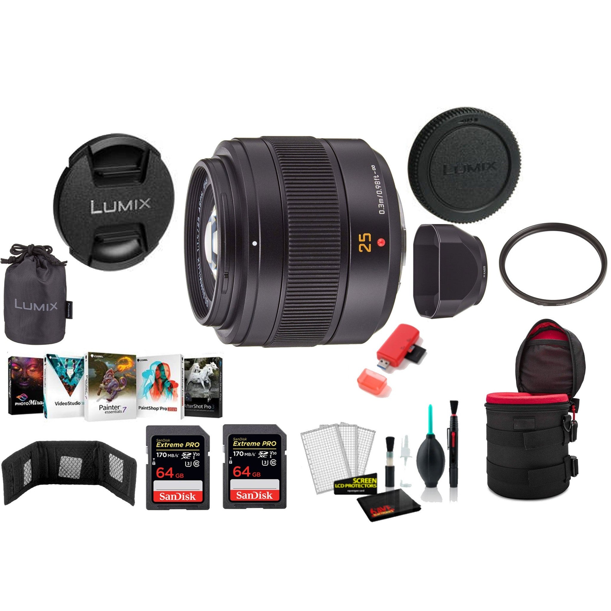 Panasonic Leica DG Summilux 25mm f/1.4 II ASPH. Lens with 2x 64 Memory Cards and More International Model