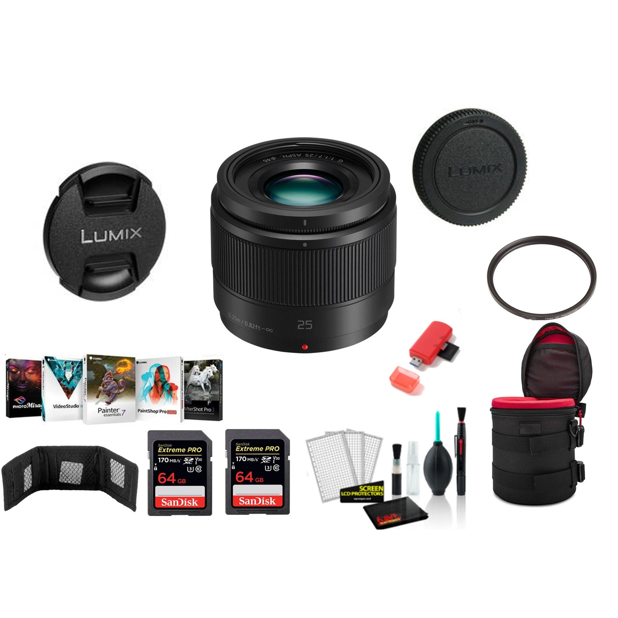 Panasonic Lumix G 25mm f/1.7 ASPH. Lens with 2x 64 Memory Cards and More International Model - Panasonic