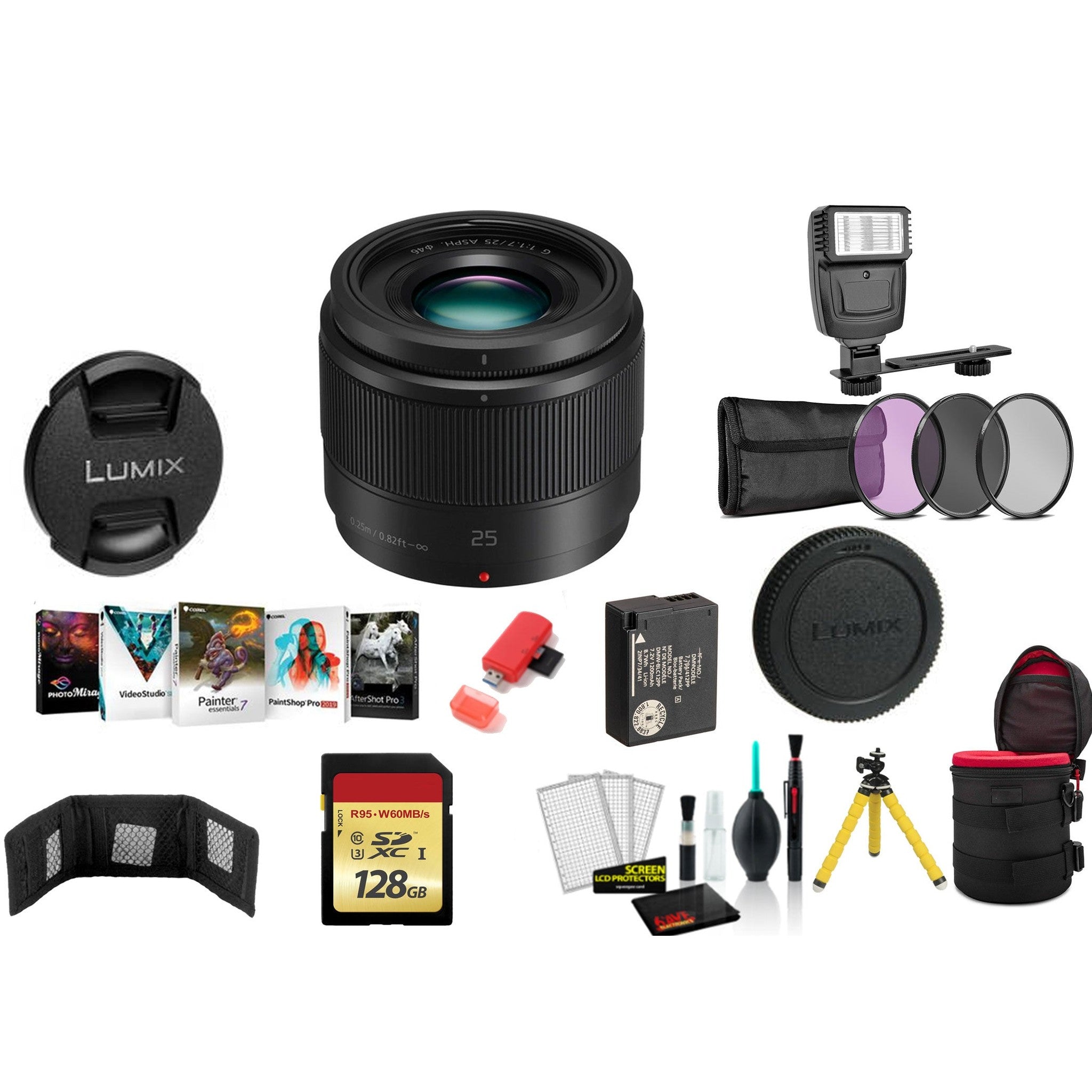 Panasonic Lumix G 25mm f/1.7 ASPH. Lens with 128GB Memory Card and More International Model - Panasonic
