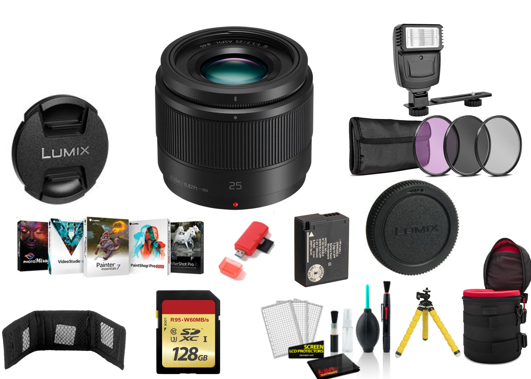 Panasonic Lumix G 25mm f/1.7 ASPH. Lens with 128GB Memory Card and More International Model -