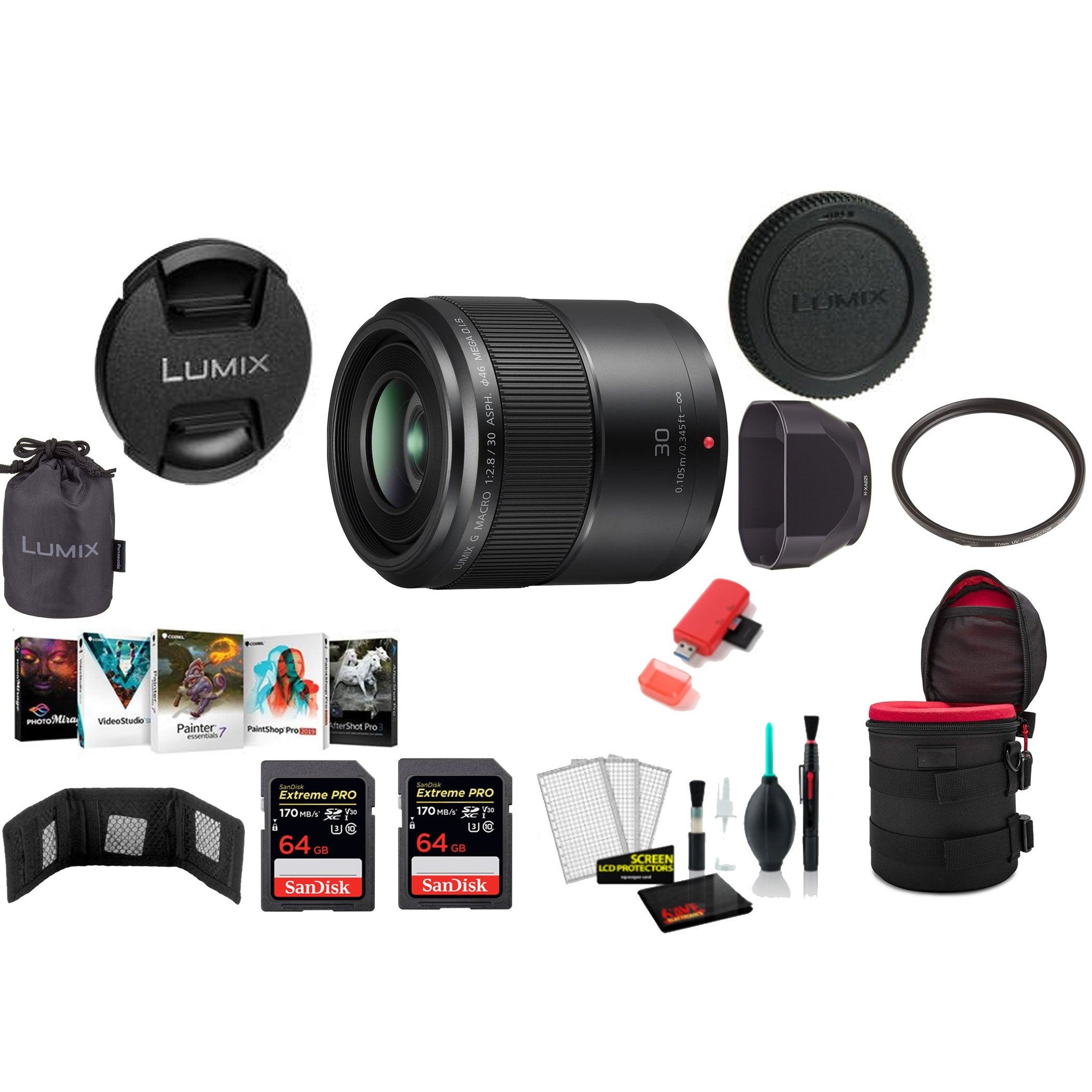 Panasonic Lumix G Macro 30mm f/2.8 ASPH. MEGA O.I.S. Lens with 2x 64 Memory Cards and More International Model Panasonic