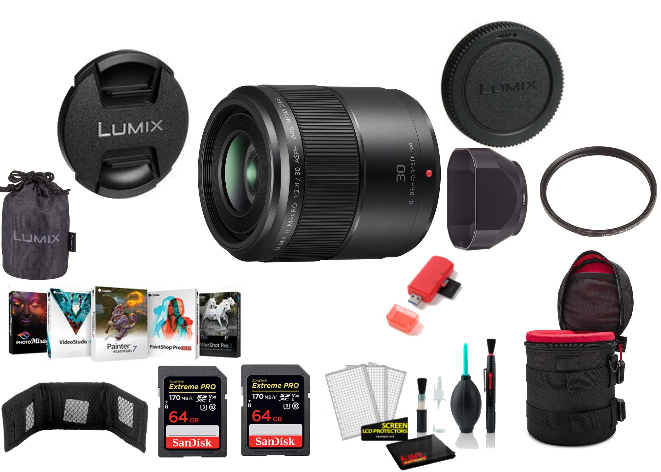 Panasonic Lumix G Macro 30mm f/2.8 ASPH. MEGA O.I.S. Lens with 2x 64 Memory Cards and More International Model