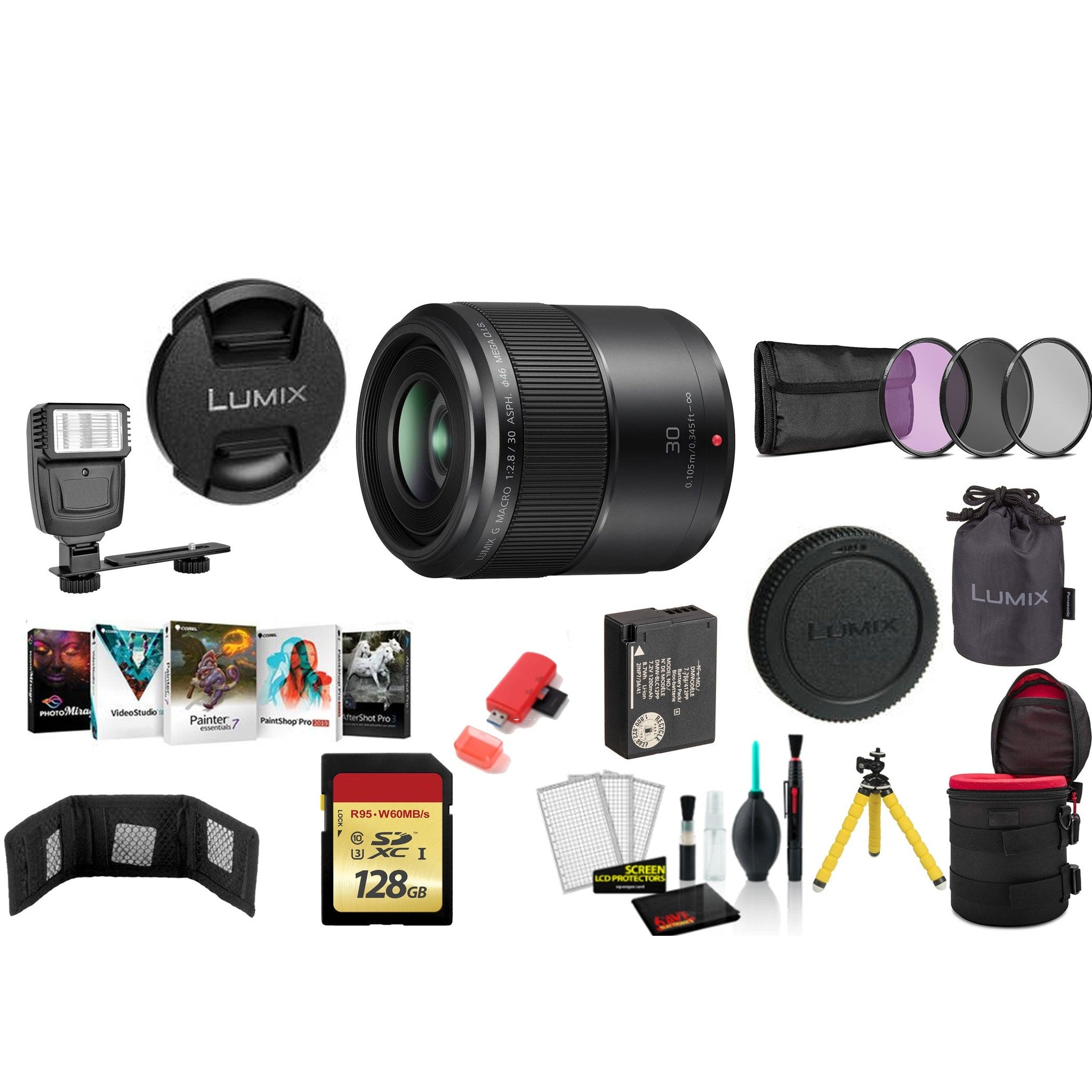 Panasonic Lumix G Macro 30mm f/2.8 ASPH. MEGA O.I.S. Lens with 128GB Memory Card and More International Model Panasonic