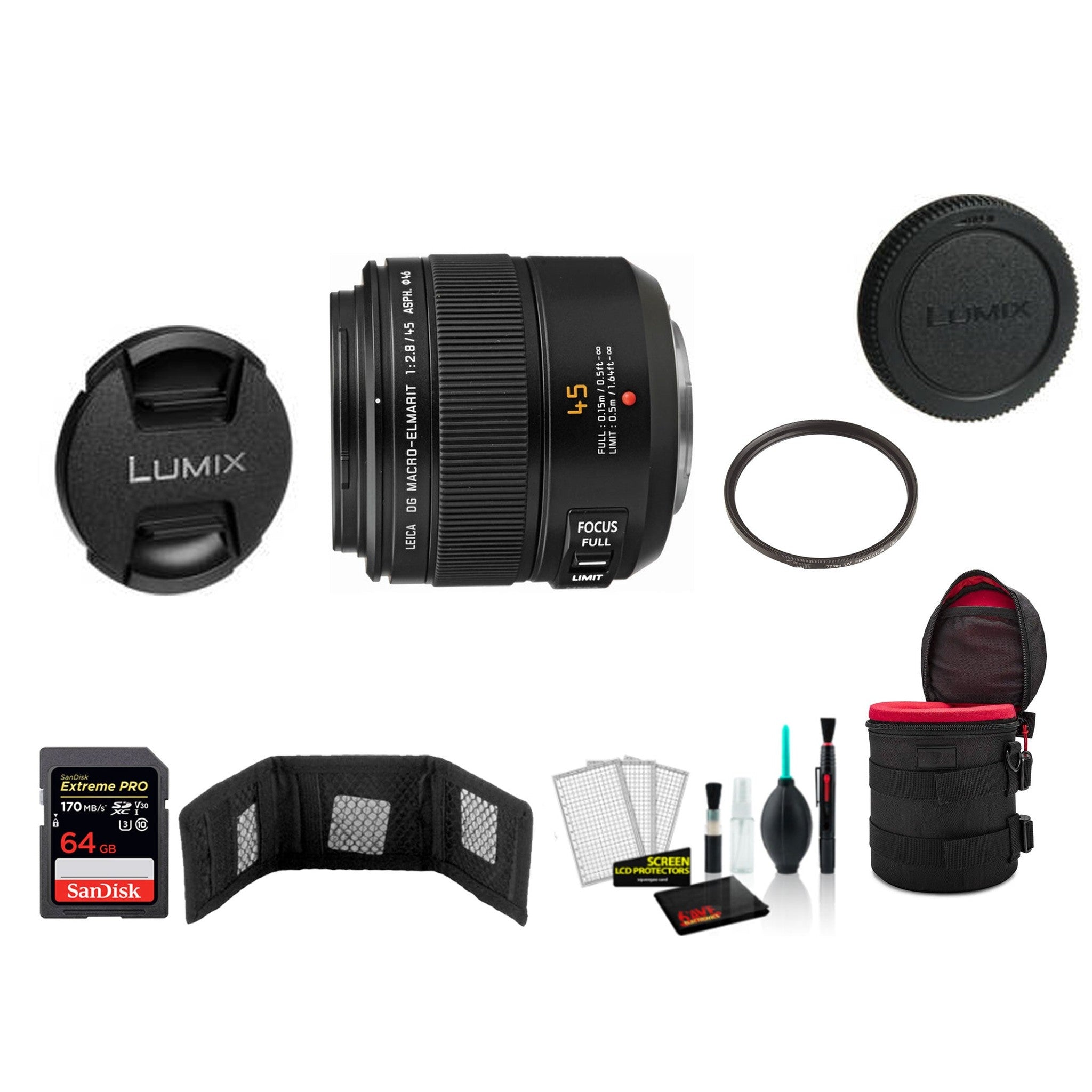 Panasonic Leica DG Macro-Elmarit 45mm f/2.8 ASPH. MEGA O.I.S. Lens Kit with Memory Card International Model