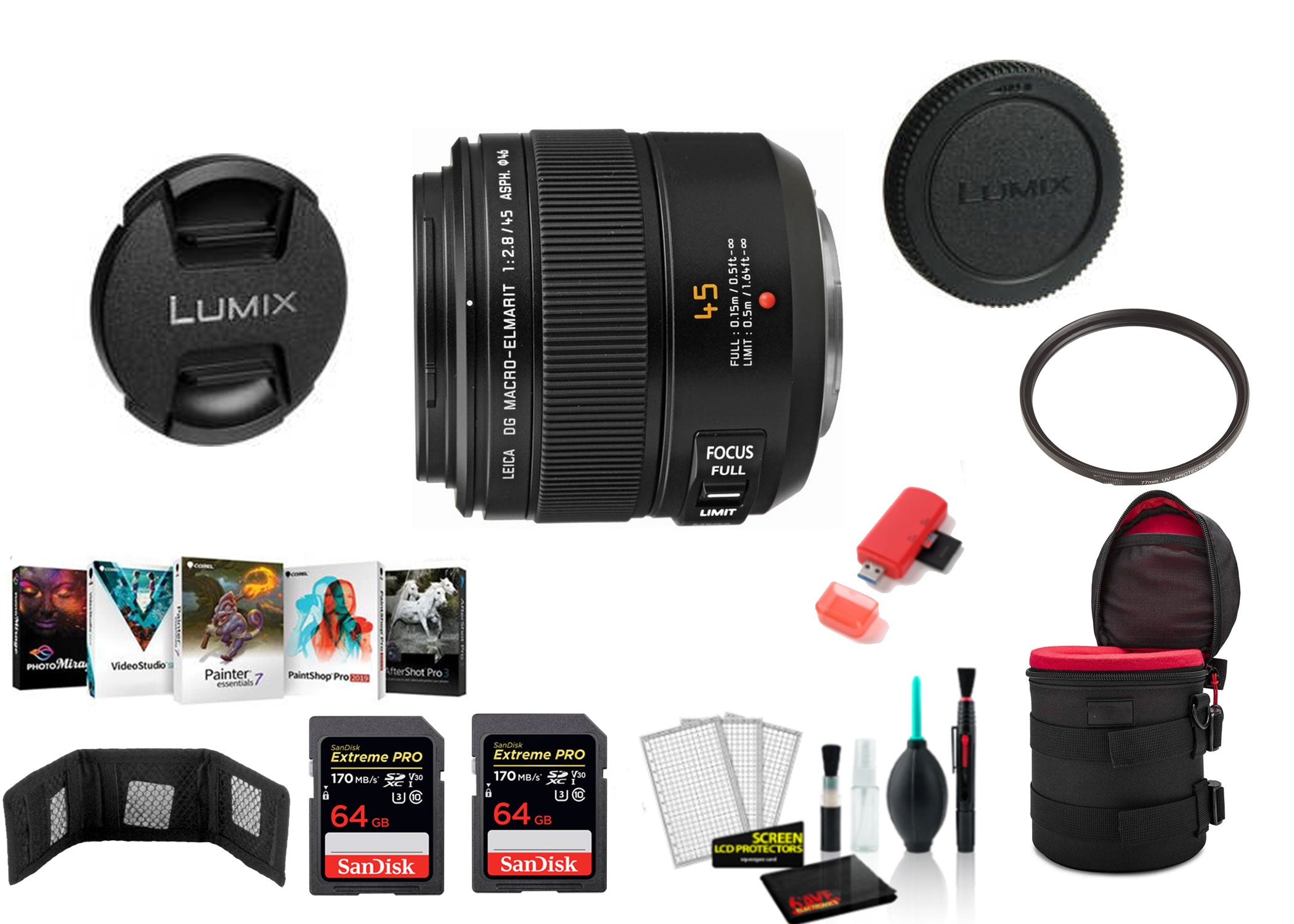Panasonic Leica DG Macro-Elmarit 45mm f/2.8 ASPH. MEGA O.I.S. Lens with 2x 64 Memory Cards