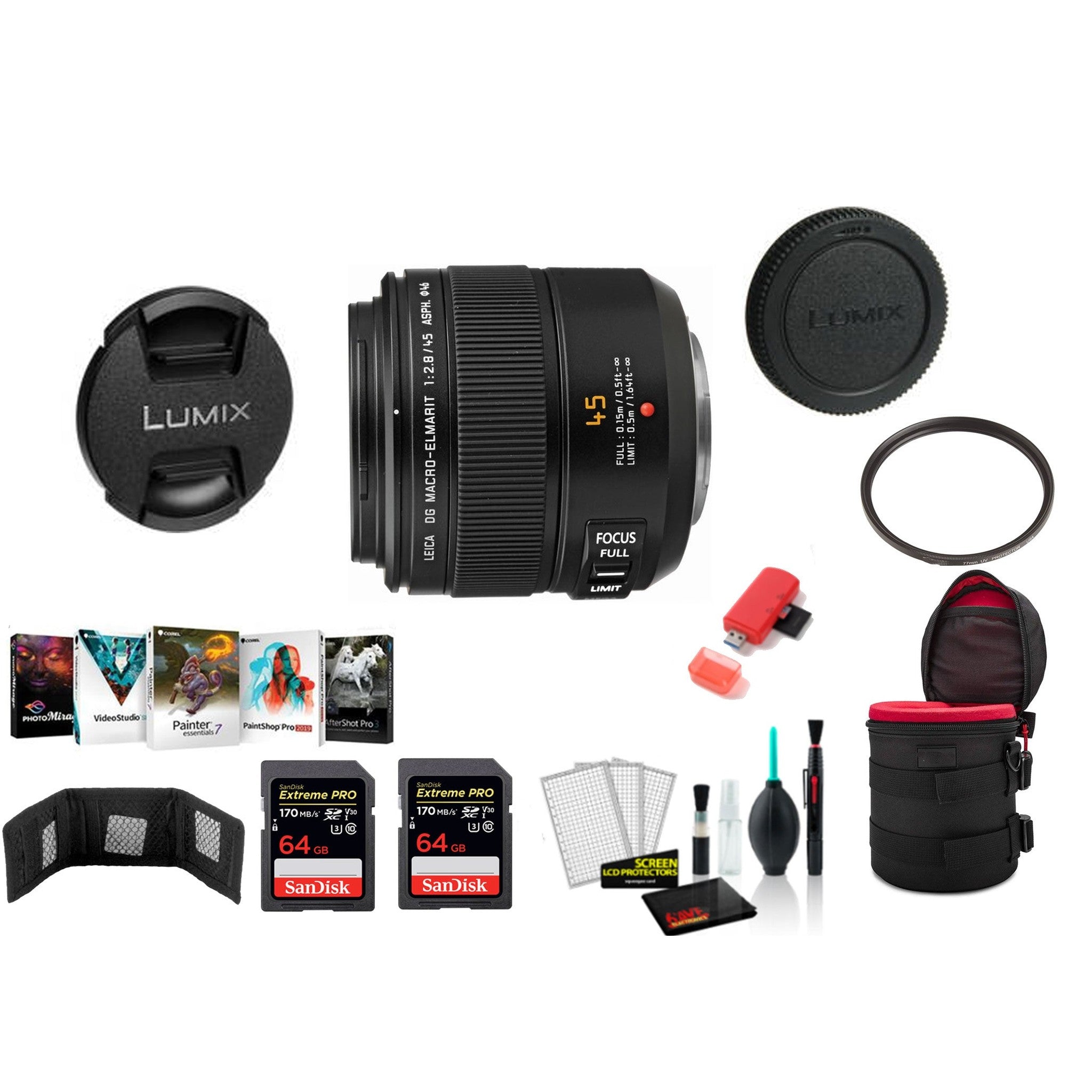 Panasonic Leica DG Macro-Elmarit 45mm f/2.8 ASPH. MEGA O.I.S. Lens with 2x 64 Memory Cards International Model