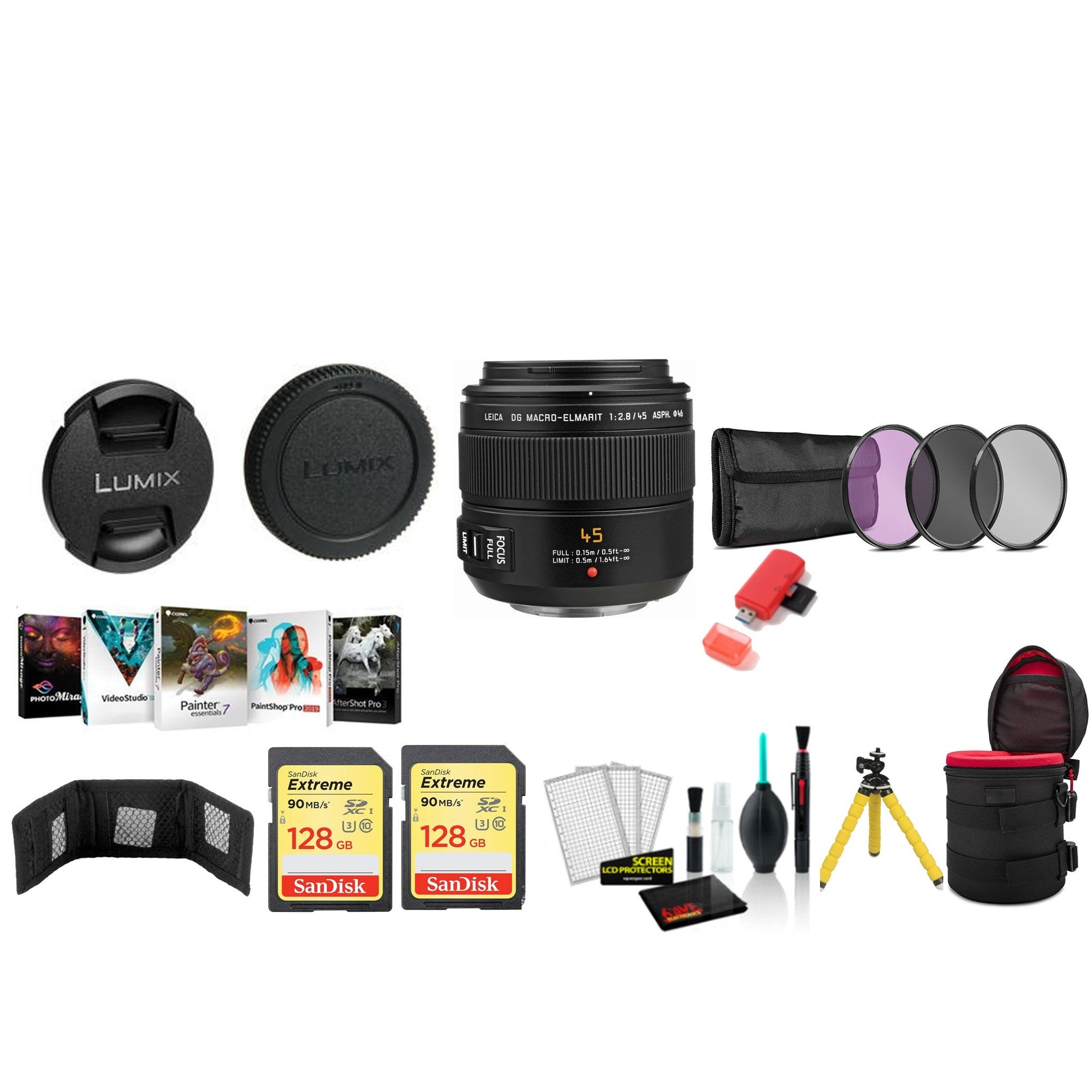 Panasonic Leica DG Macro-Elmarit 45mm f/2.8 ASPH. MEGA O.I.S. Lens with 2x 128GB Memory Cards International Model Panasonic