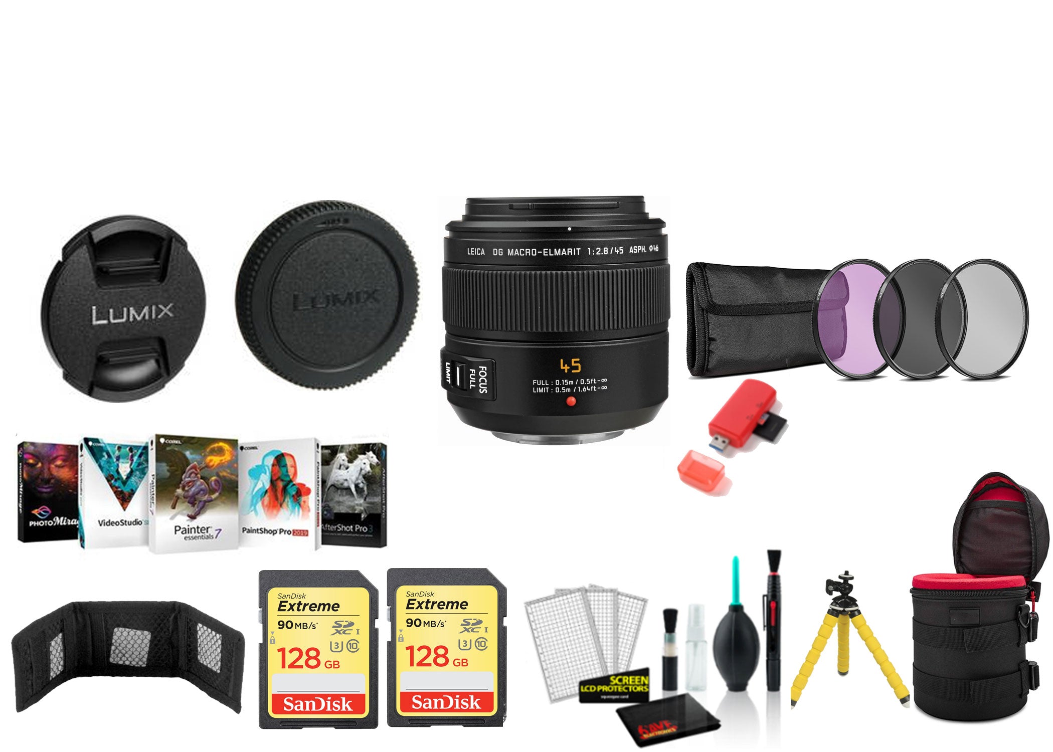 Panasonic Leica DG Macro-Elmarit 45mm f/2.8 ASPH. MEGA O.I.S. Lens with 2x 128GB Memory Cards