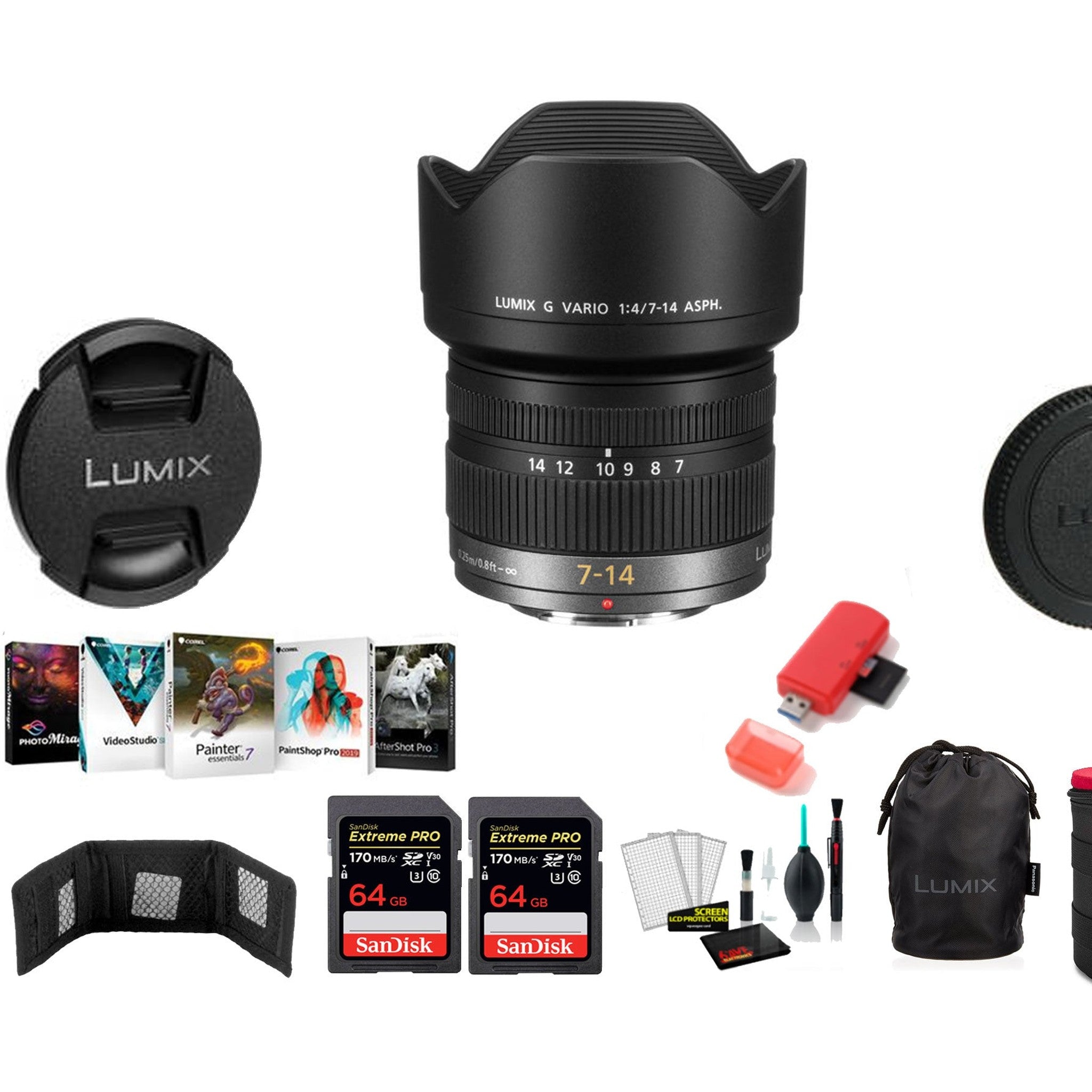 Panasonic Lumix G Vario 7-14mm f/4 ASPH. Lens with 2x 64 Memory Cards and More International Model Panasonic