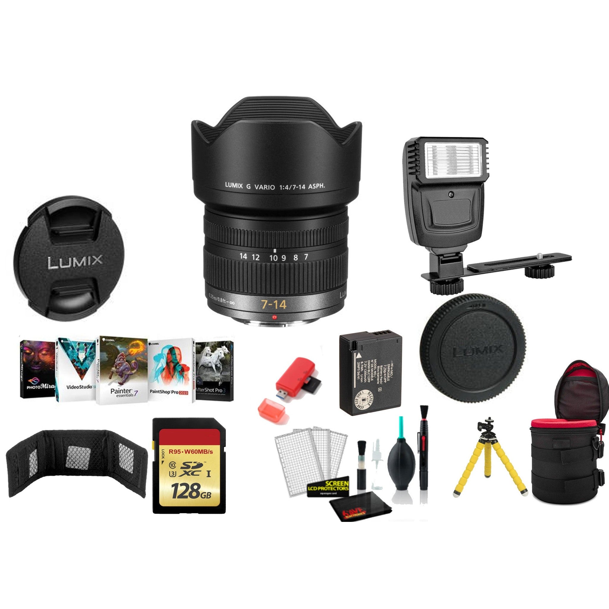 Panasonic Lumix G Vario 7-14mm f/4 ASPH. Lens with 128GB Memory Card and More International Model