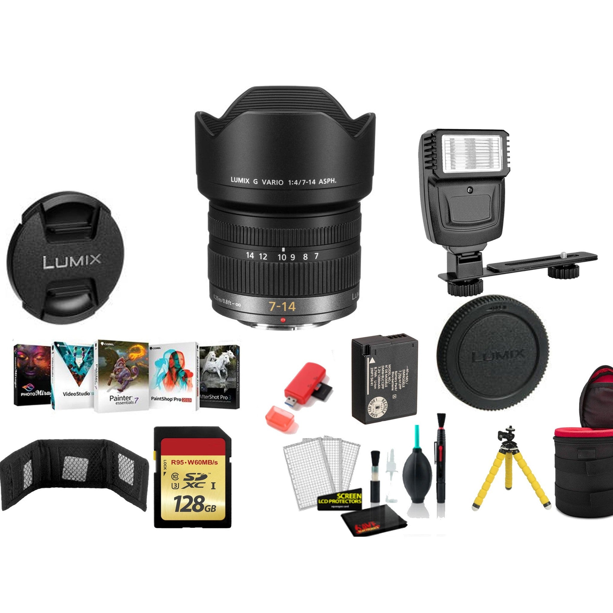 Panasonic Lumix G Vario 7-14mm f/4 ASPH. Lens with 128GB Memory Card and More International Model Panasonic
