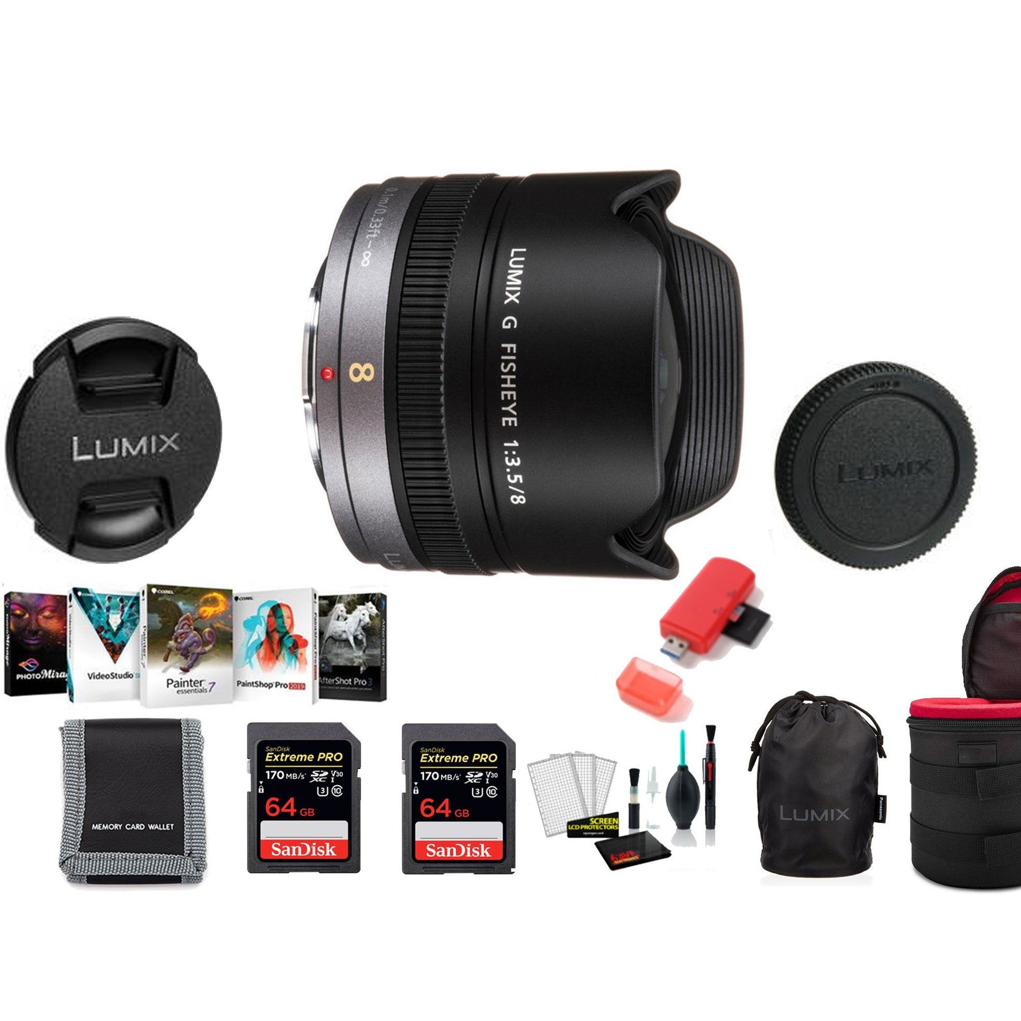 Panasonic Lumix G Fisheye 8mm f/3.5 Lens - Kit with 2x 64 Memory Cards and More PANASONIC