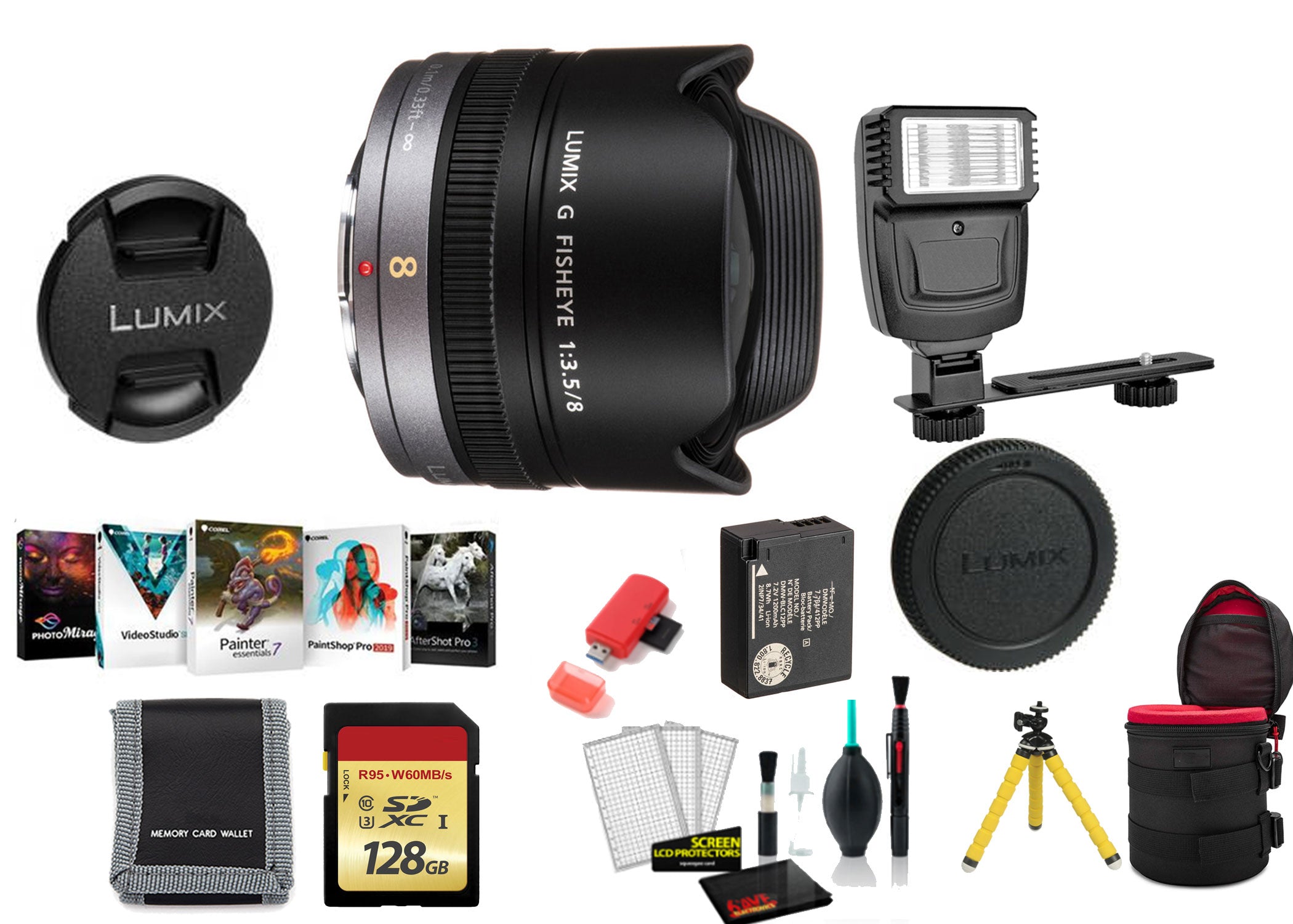 Panasonic Lumix G Fisheye 8mm f/3.5 Lens - Kit with 128GB Memory Card and More