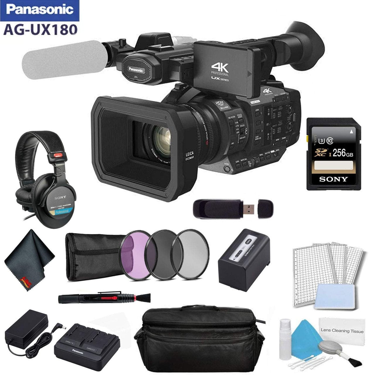 Panasonic AG-UX180 4K Premium Professional Camcorder Bundle with Sony MDR-7506 Headphones + Sony 256GB SDXC Memory Card + More