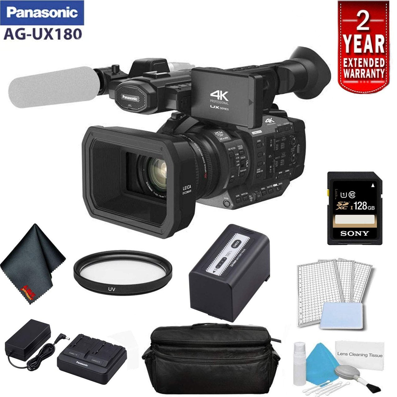 Panasonic AG-UX180 4K Premium Professional Camcorder Bundle with 2 Year Extended Warranty, Sony 128GB SDXC Memory Card, UV Filter + More