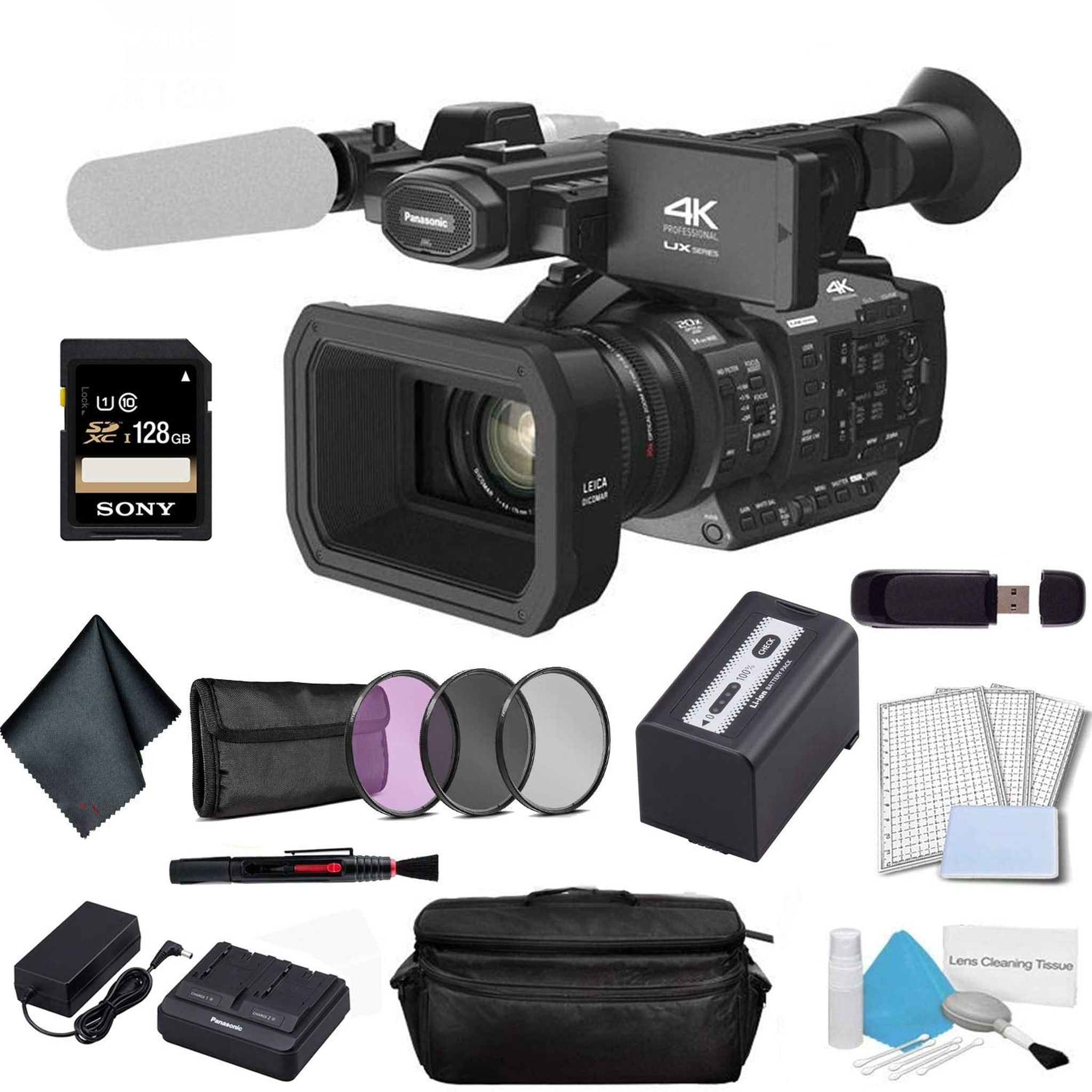 Panasonic AG-UX180 4K Premium Professional Camcorder Bundle with Sony 128GB SDXC Memory Card + 3 Piece Filter Kit + More
