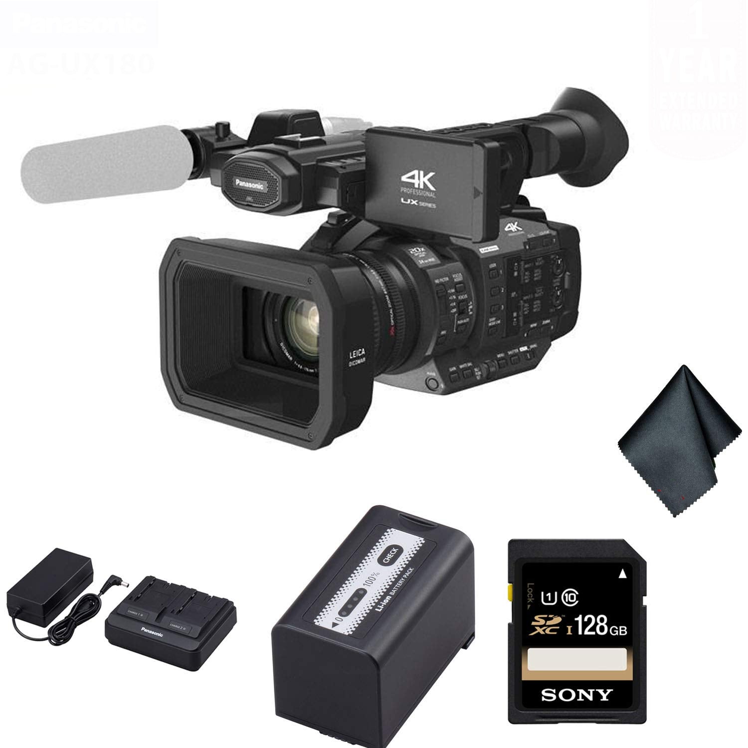 Panasonic AG-UX180 4K Premium Professional Camcorder - Starter Bundle with 1 Year Extended Warranty