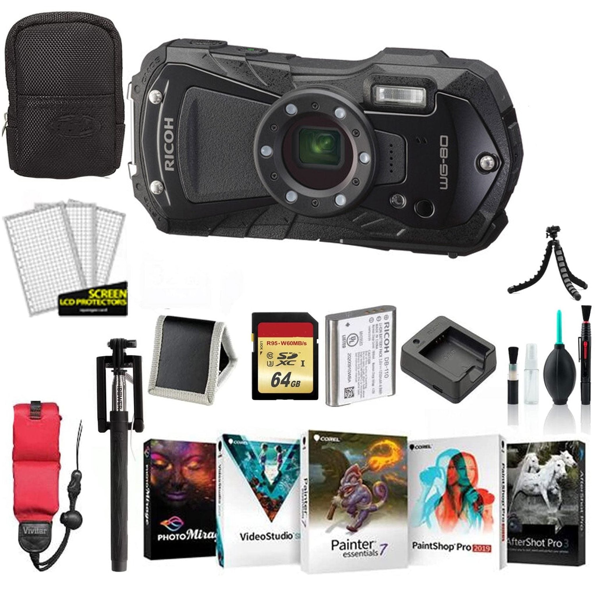 Ricoh WG-80 Waterproof Digital Camera Black with Tripod International Model Ricoh